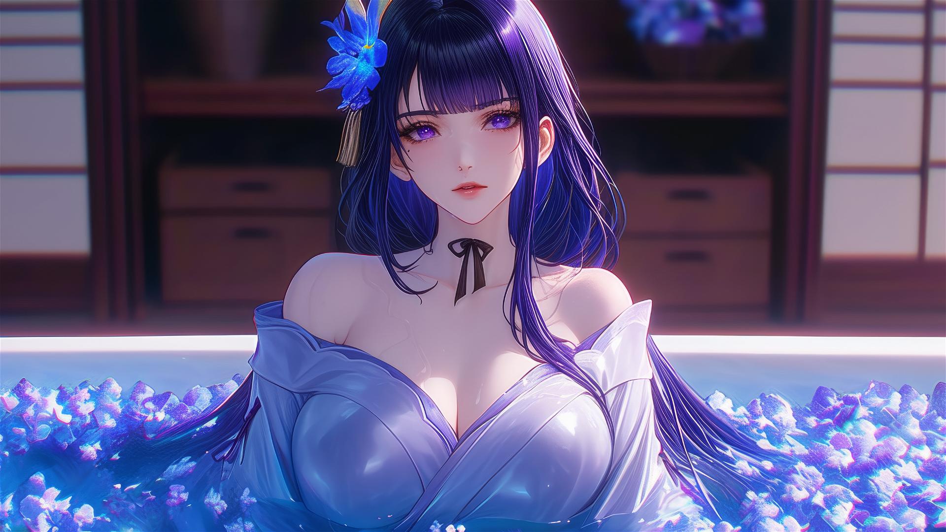 Raiden Shogun from Genshin Impact in a flower-filled tub at a Chinese spa