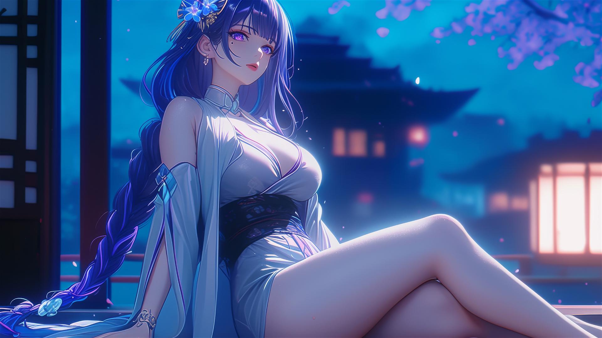 Raiden Shogun from Genshin Impact resting at a modern hotel with moonlight glow.