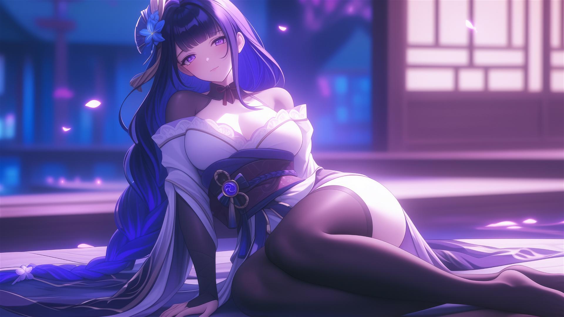 Raiden Shogun resting at a modern hotel with moonlight glow