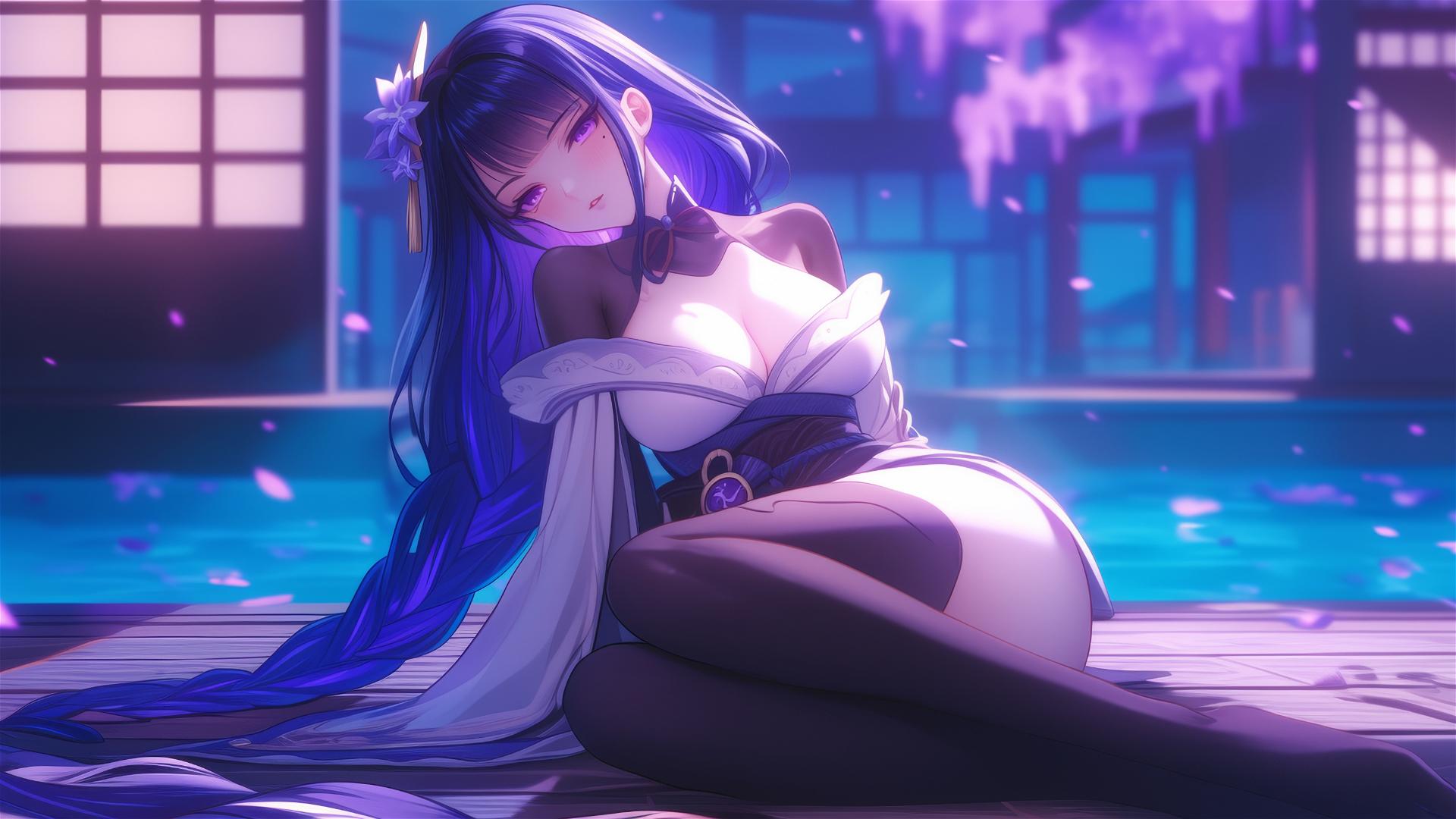 Raiden Shogun from Genshin Impact resting at modern hotel with moonlight glow