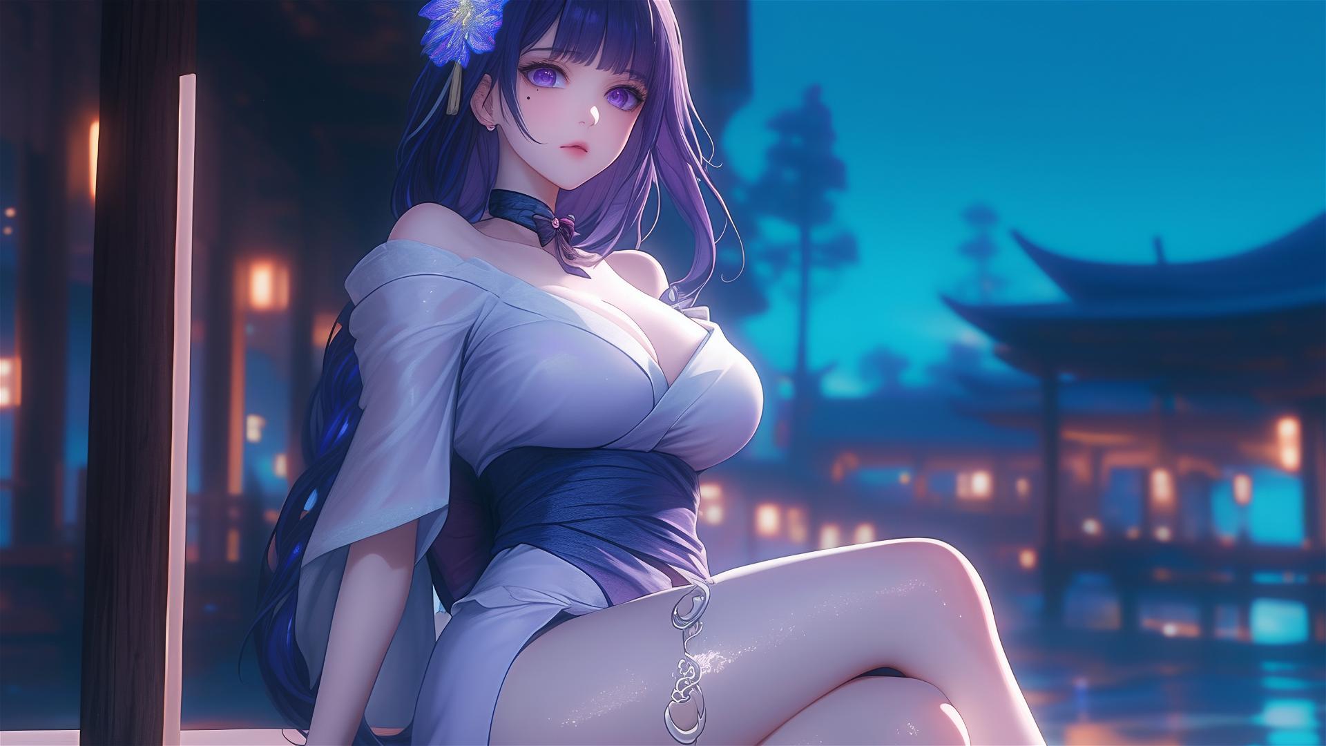 Raiden Shogun from Genshin Impact resting at a modern hotel under moonlight