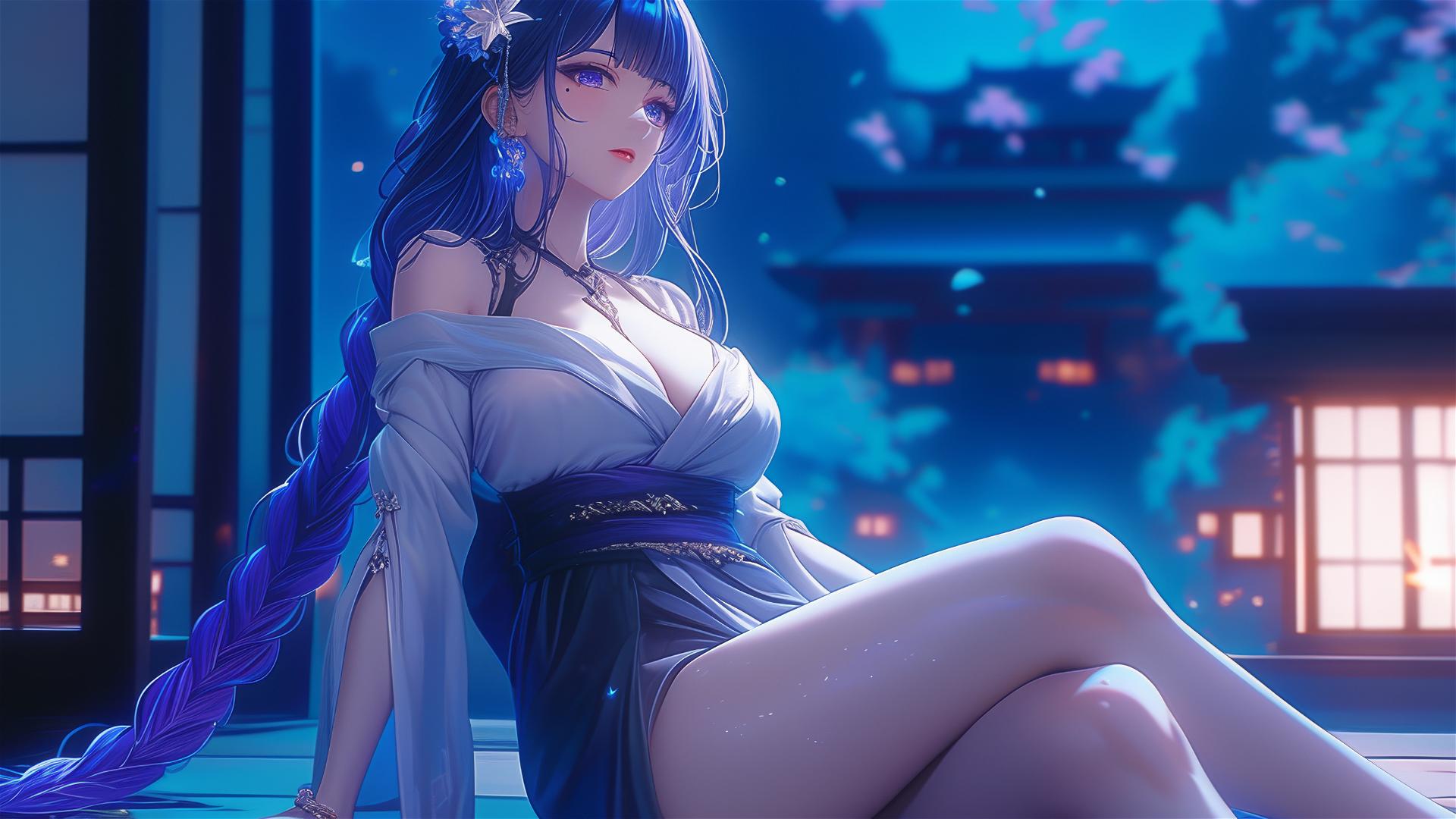 Raiden Shogun from Genshin Impact resting at a modern hotel under moonlight