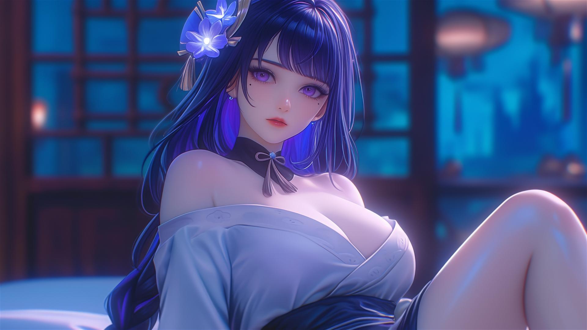 Raiden Shogun from Genshin Impact resting at a modern hotel under moonlight.