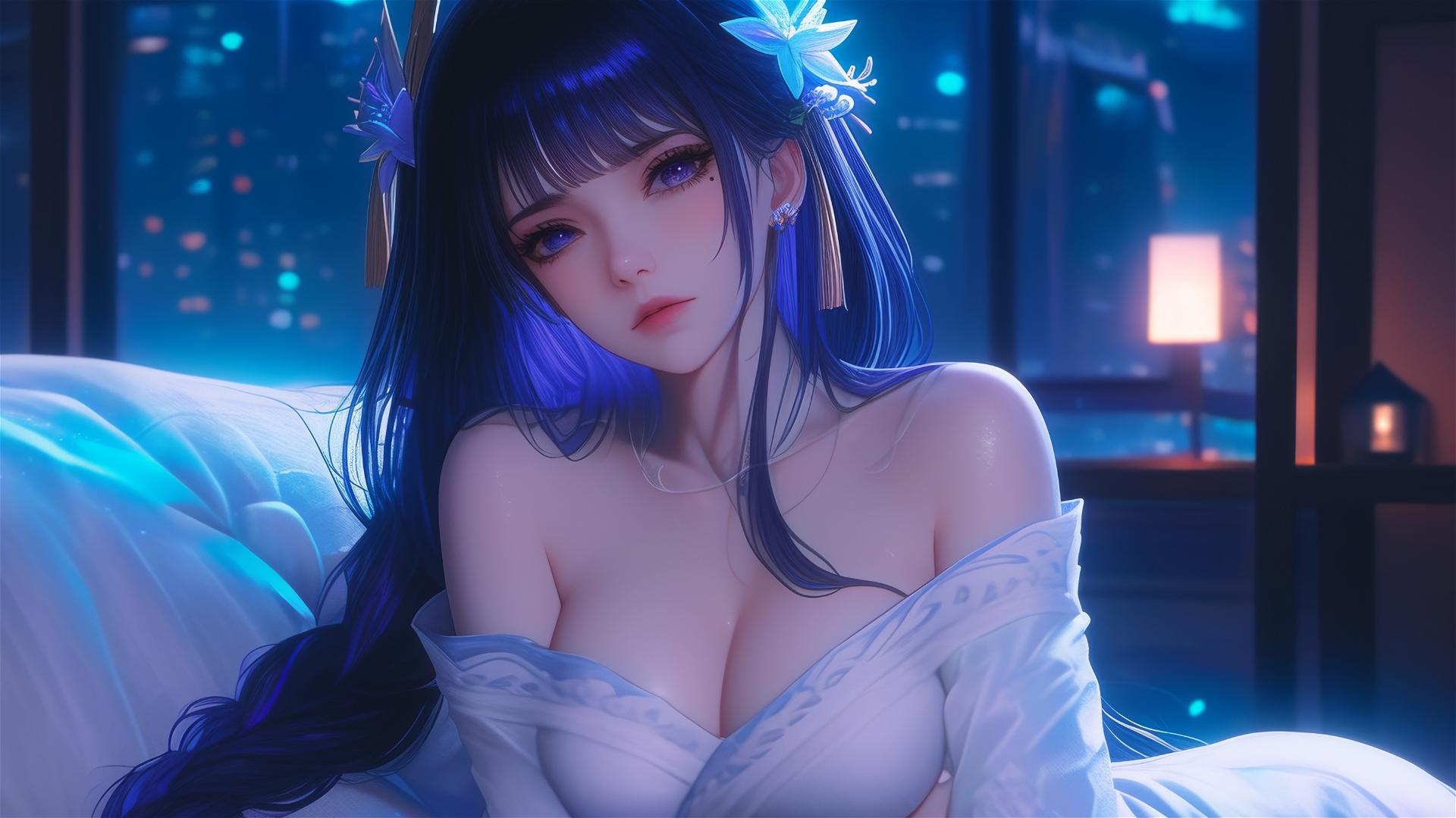 Raiden Shogun from Genshin Impact resting in a modern hotel bathed in moonlight