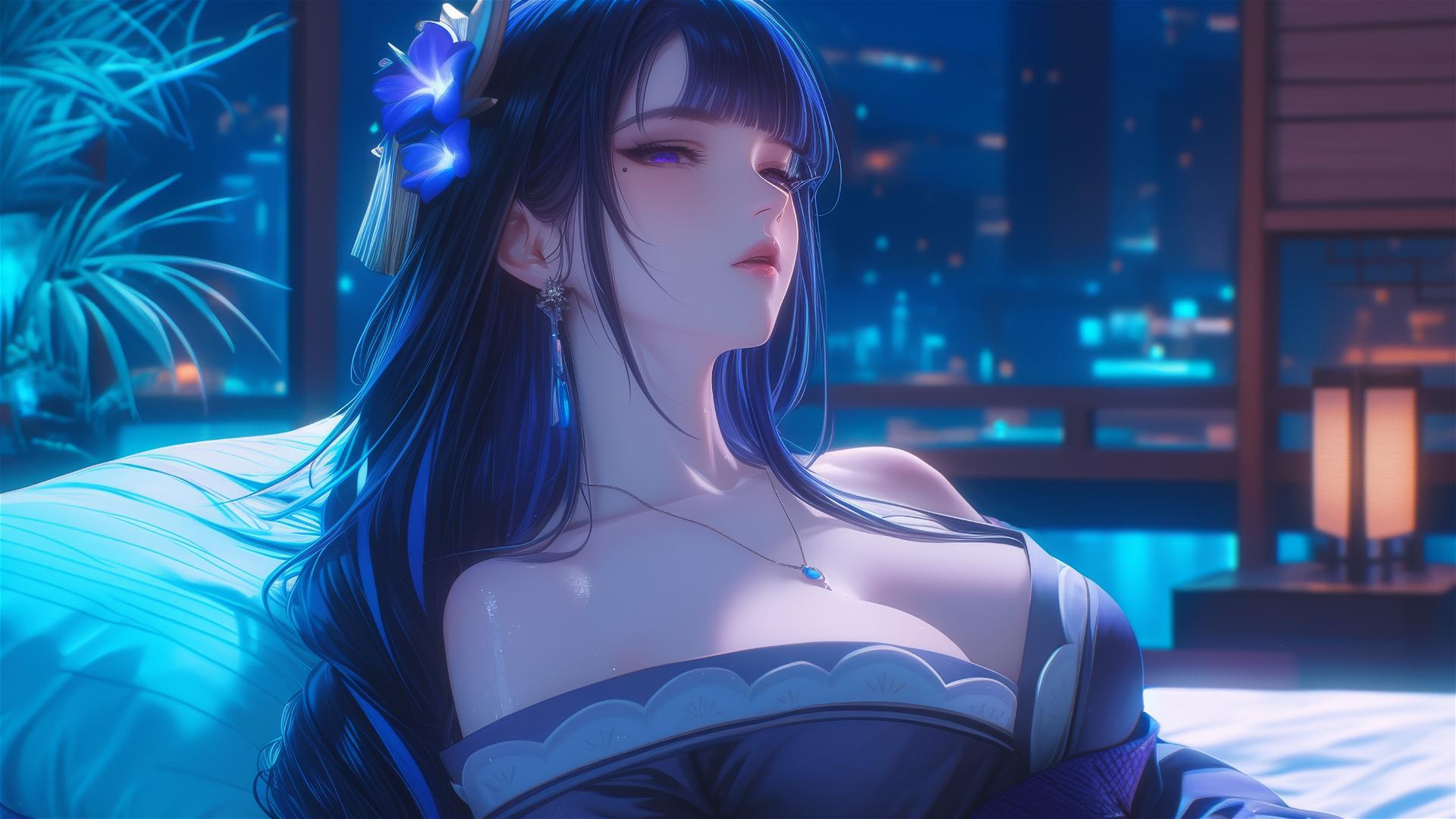 Raiden Shogun from Genshin Impact relaxing at a modern hotel under moonlight.