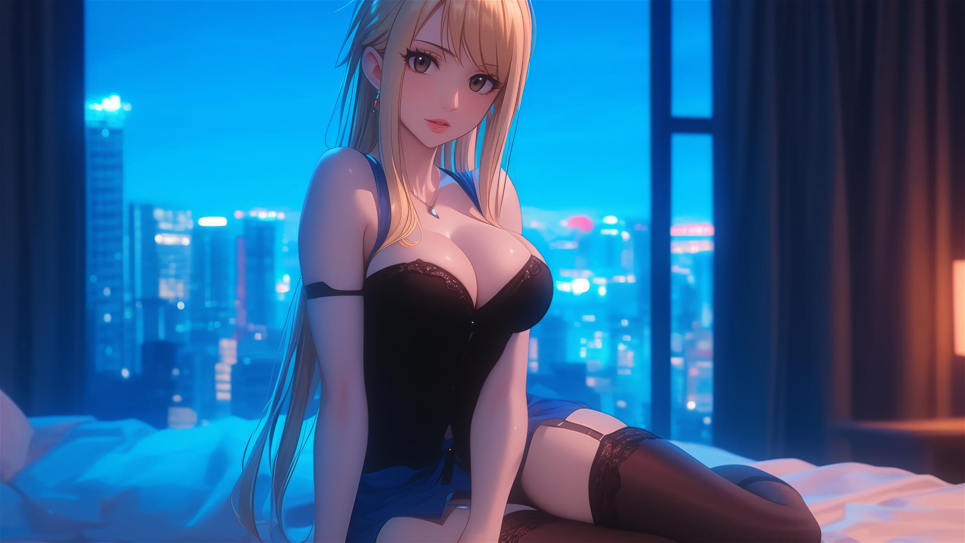 Lucy Heartfilia relaxing in a modern hotel room illuminated by moonlight