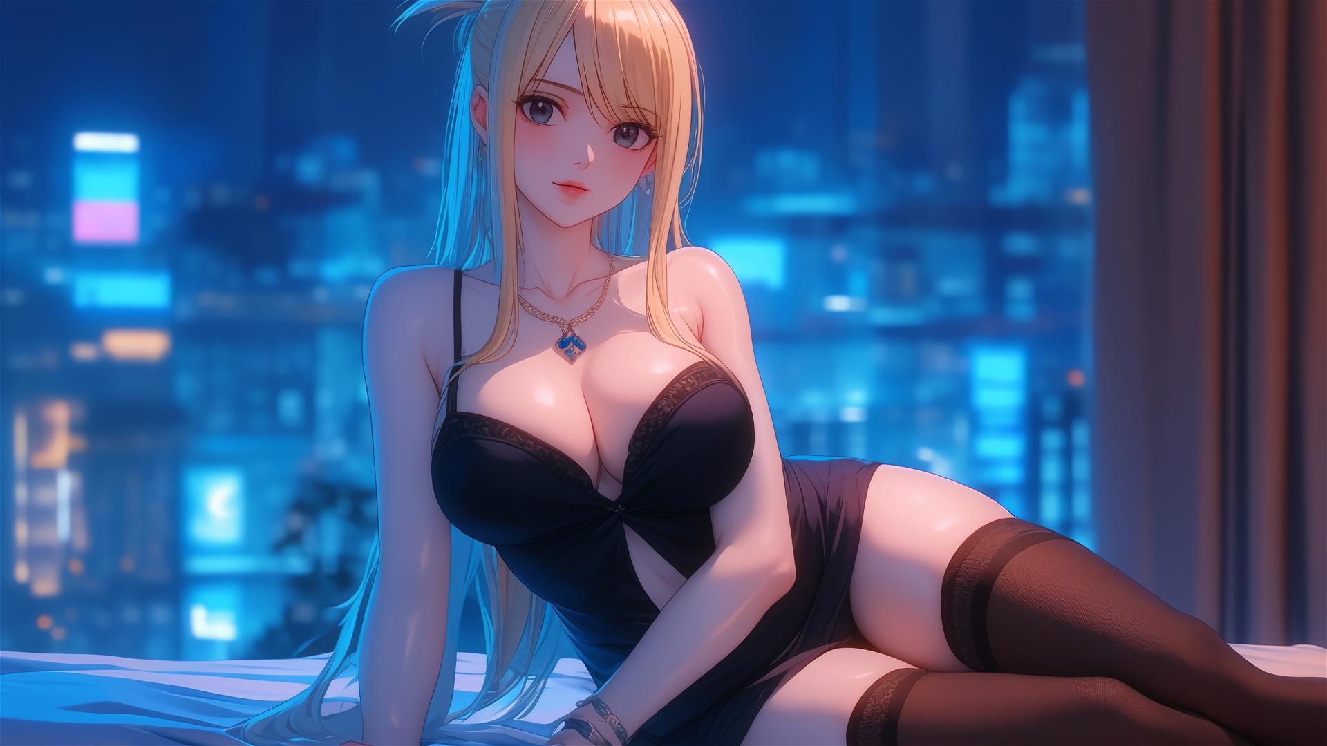 Lucy Heartfilia resting in a modern hotel room with moonlight glow