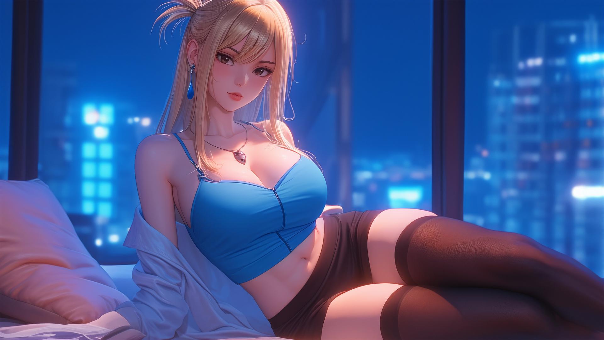 Lucy Heartfilia from Fairy Tail resting in a modern apartment with moonlight glow