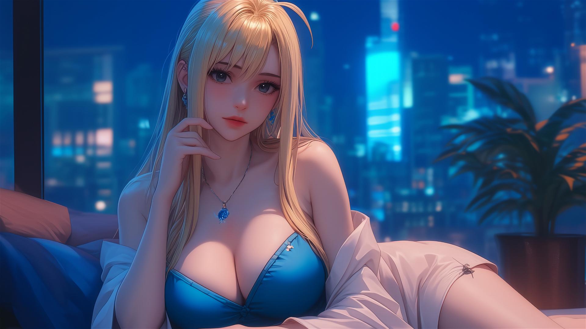 Lucy Heartfilia resting in a modern apartment, moonlight glow