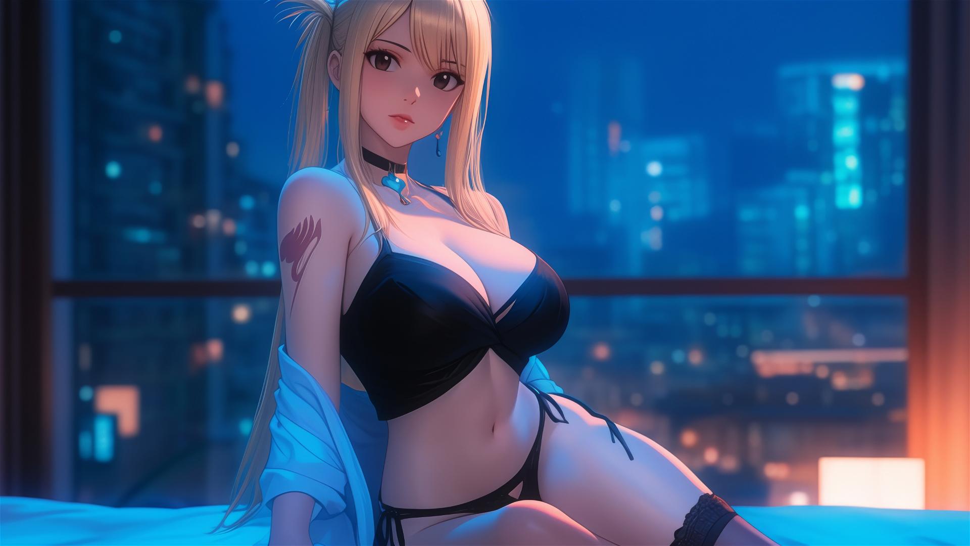Lucy Heartfilia resting in modern hotel room, moonlight glow