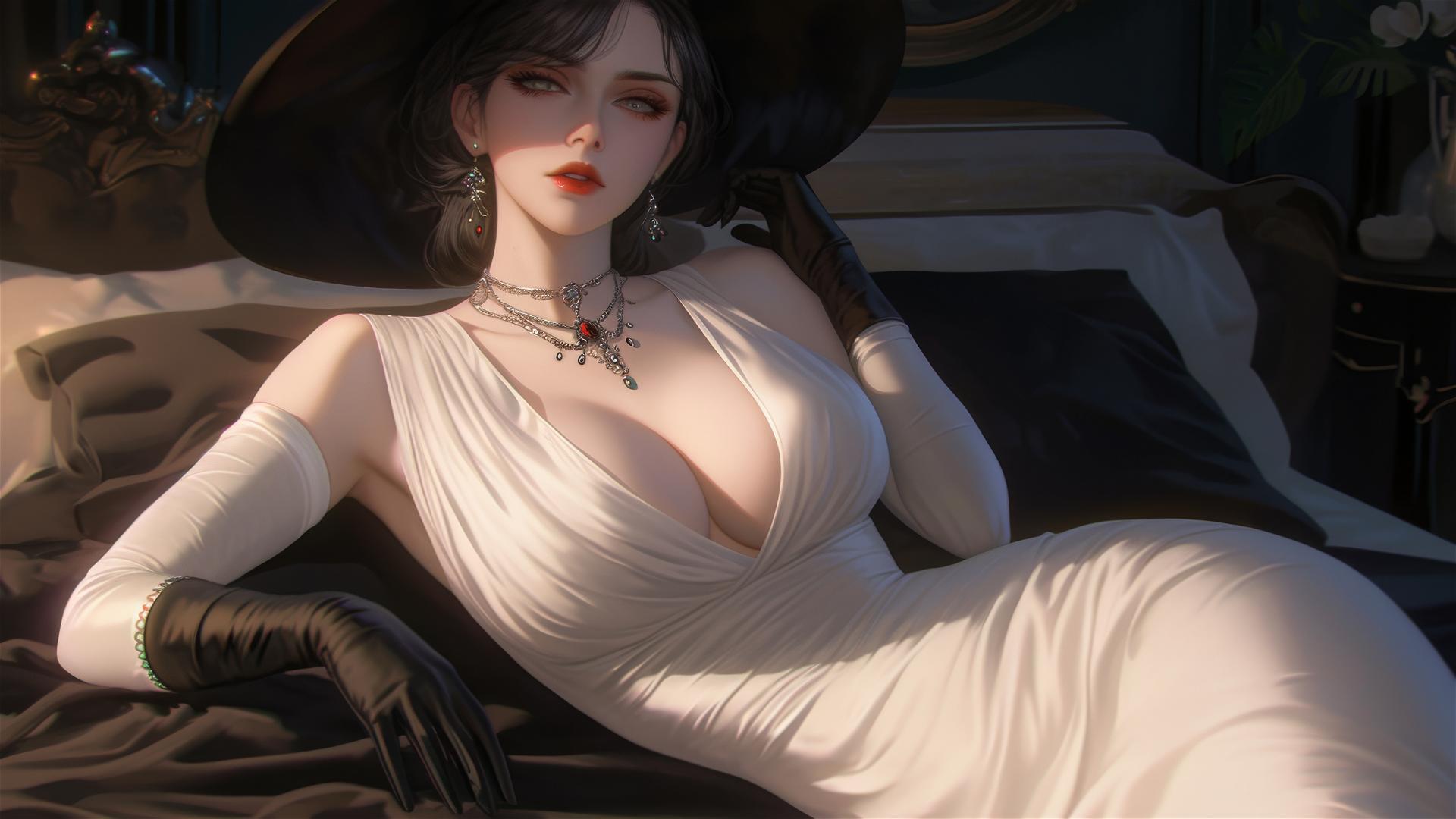 Lady Dimitrescu resting on a modern hotel bed under moonlight