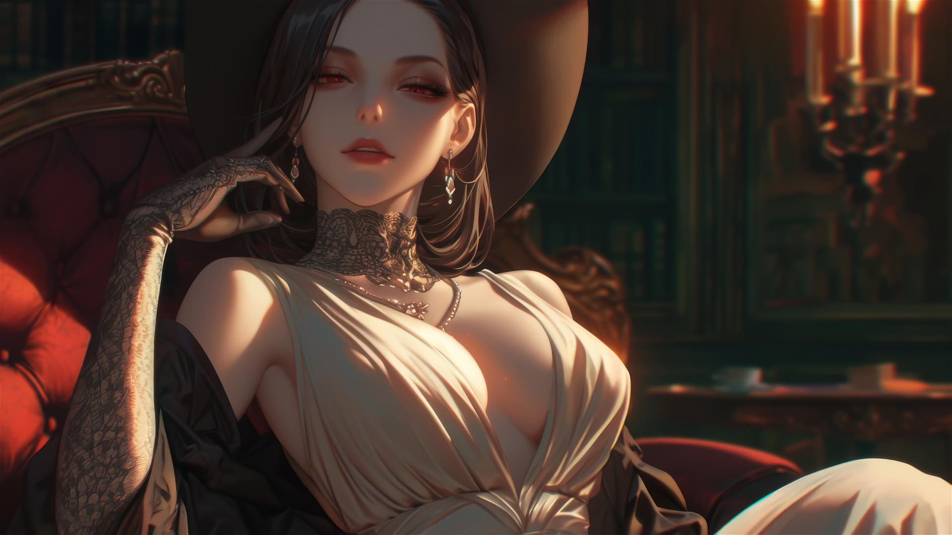 Lady Dimitrescu resting under red moonlight, gothic elegance, horror