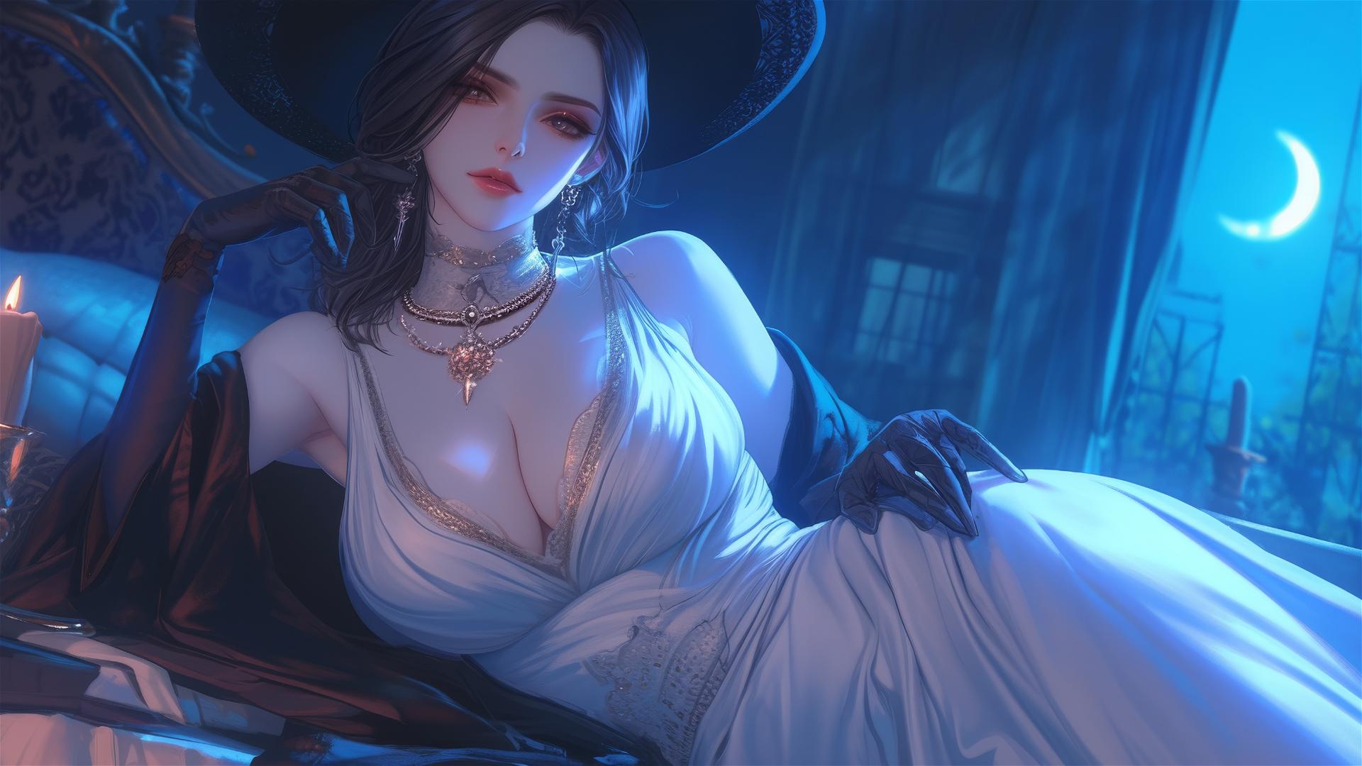 Lady Dimitrescu resting on a modern hotel bed with moonlight casting a soft glow