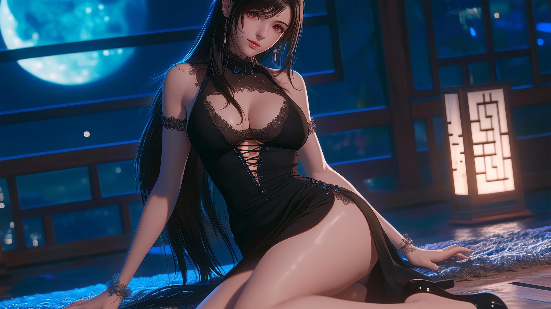 Tifa Lockhart in bold dress resting in her room, moonlight glow