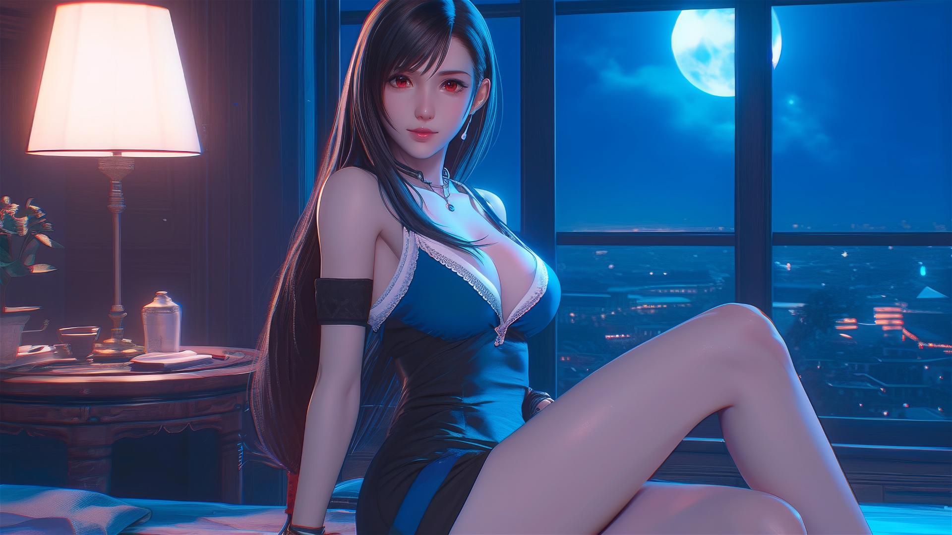 Tifa Lockhart from Final Fantasy in a bold dress, resting in her room by moonlight.