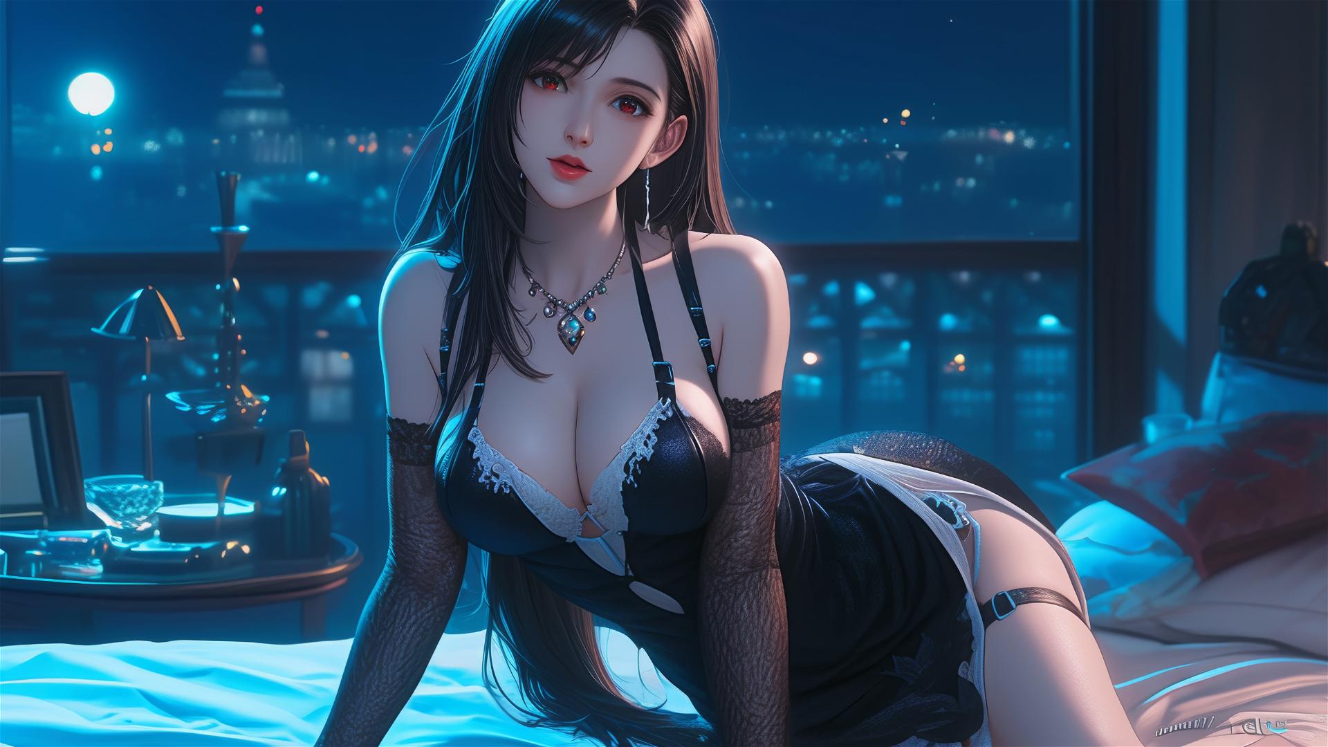 Tifa Lockhart in bold dress resting under moonlight