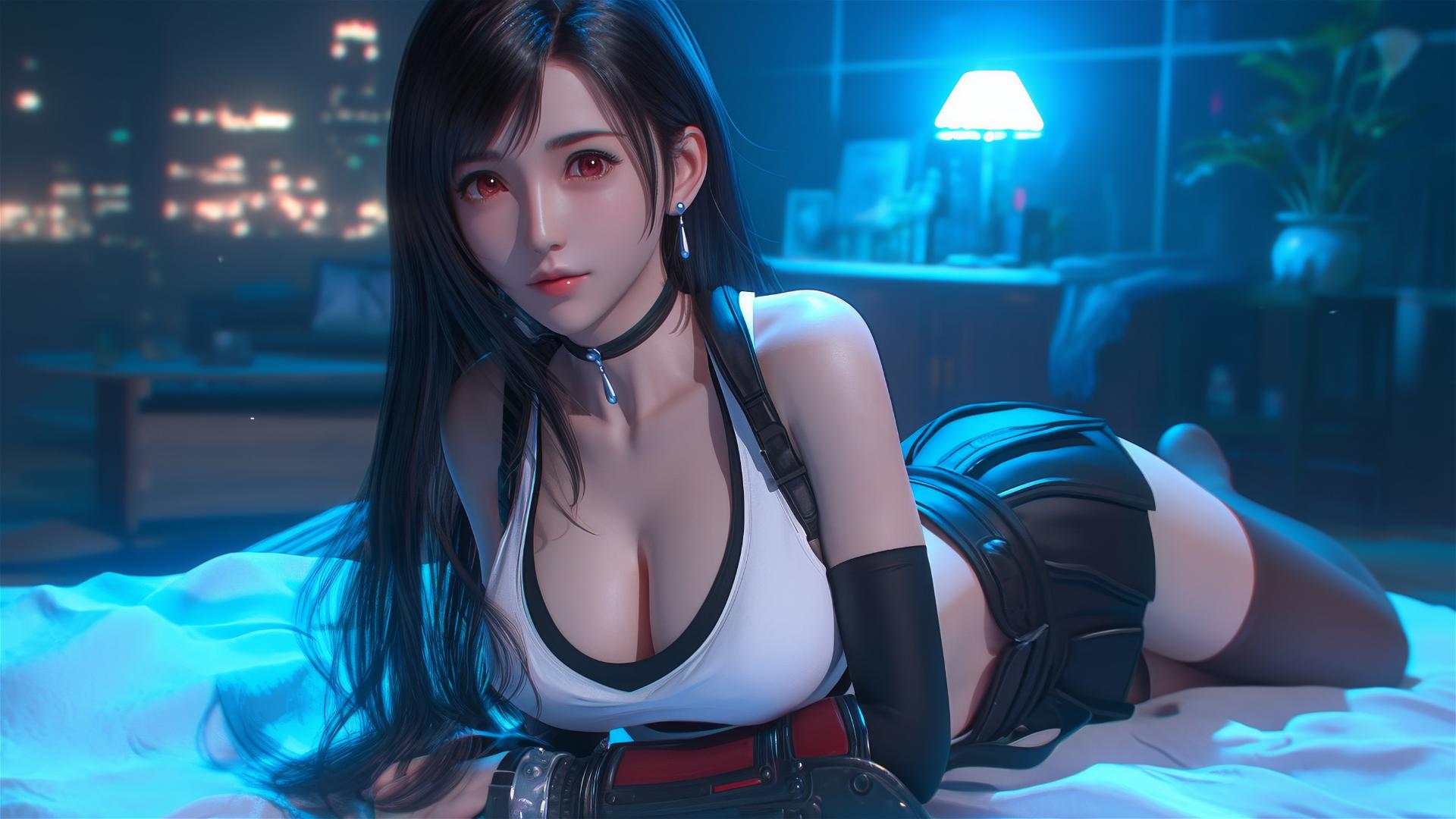 Tifa Lockhart in bold dress, resting in room under moonlight