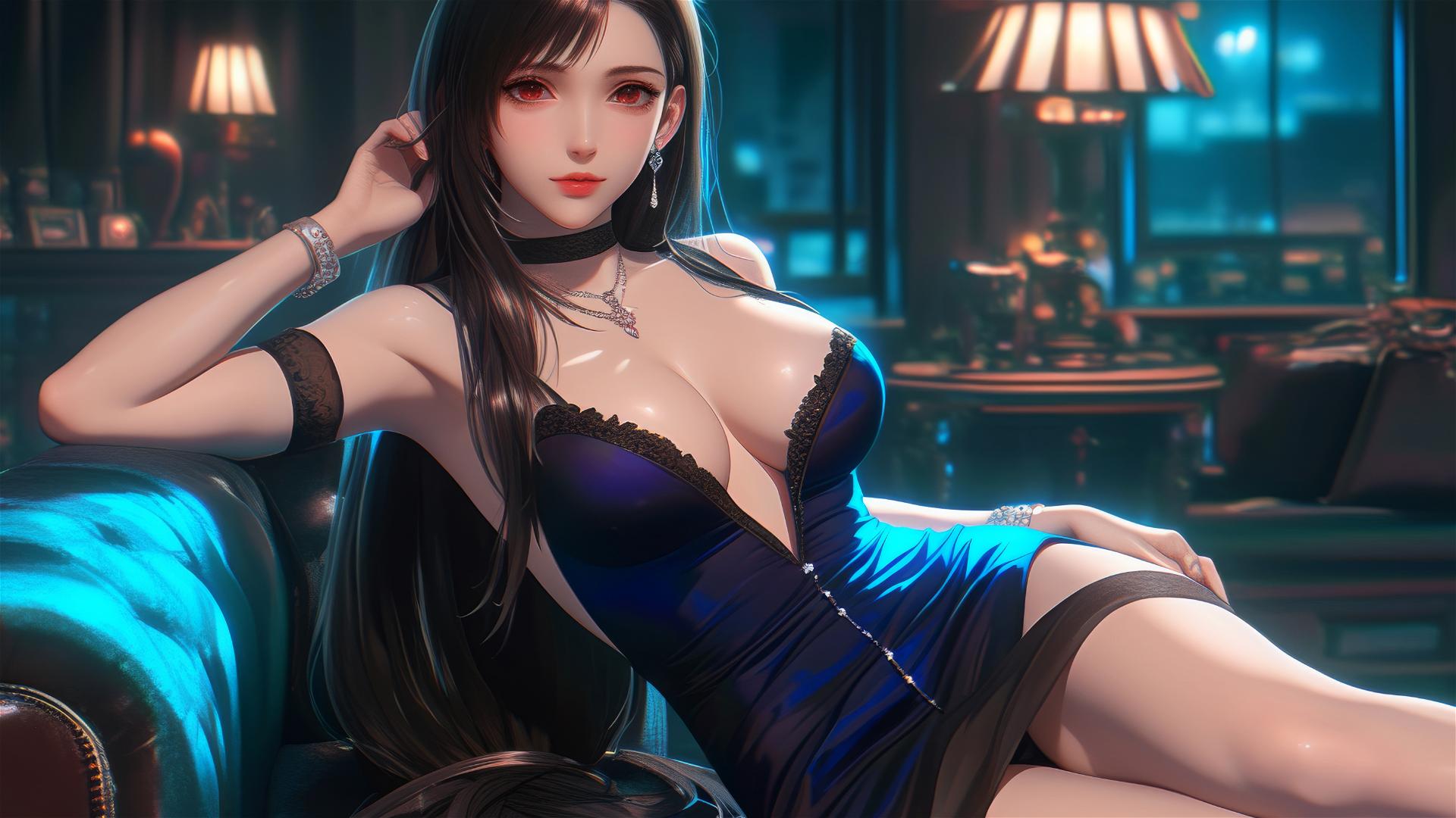 Tifa Lockhart resting in her room with moonlight casting a soft glow