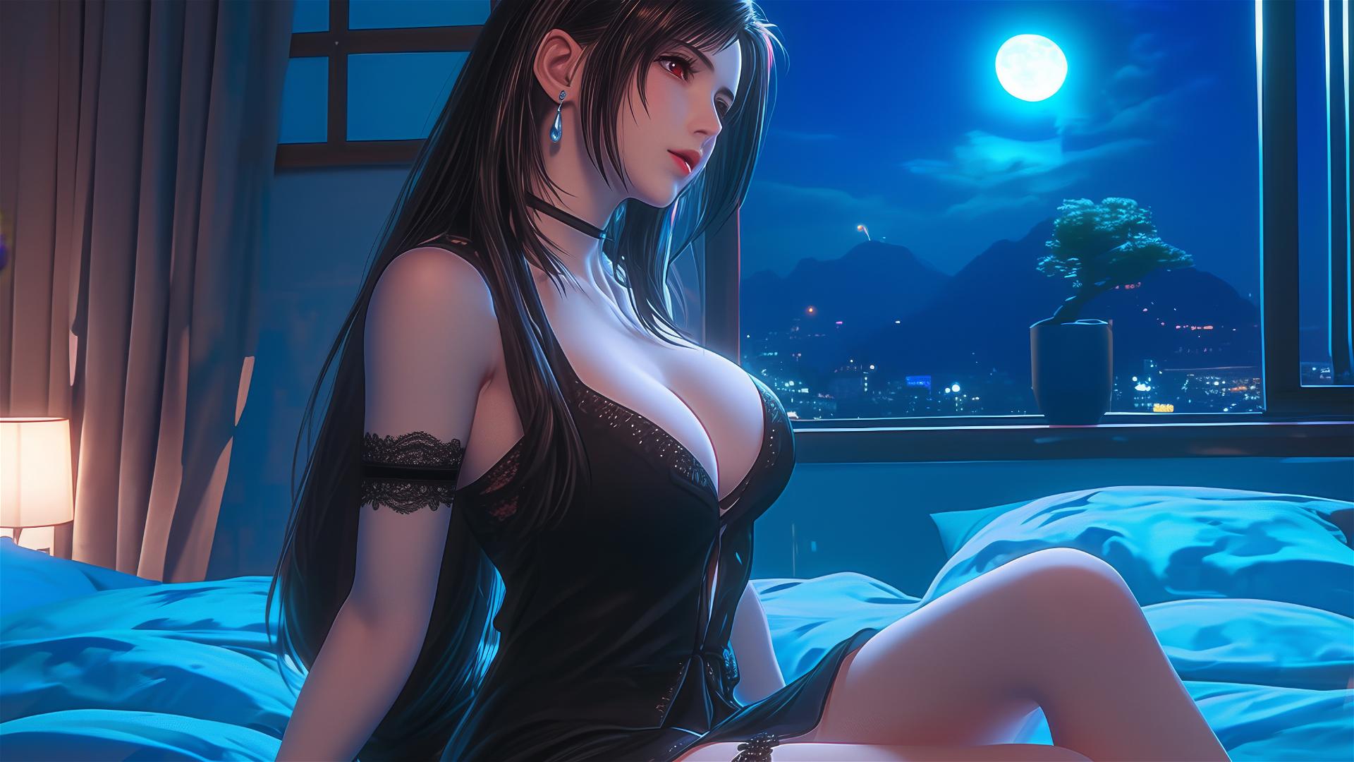Tifa Lockhart resting in her room under moonlight