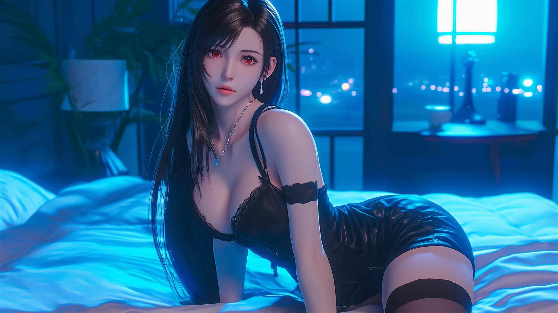 Tifa Lockhart in black pajamas under moonlight