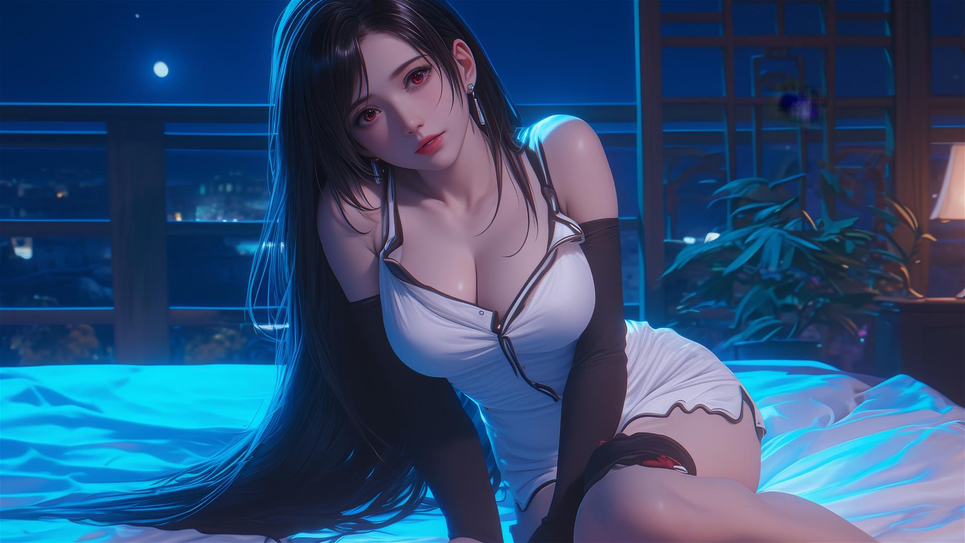 Tifa Lockhart in white pajamas resting in her room under moonlight