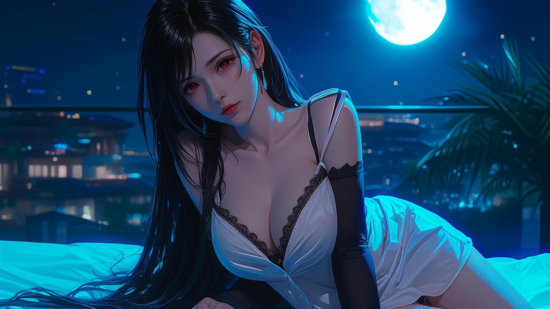 Tifa Lockhart in white pajamas resting in her room with moonlight glow