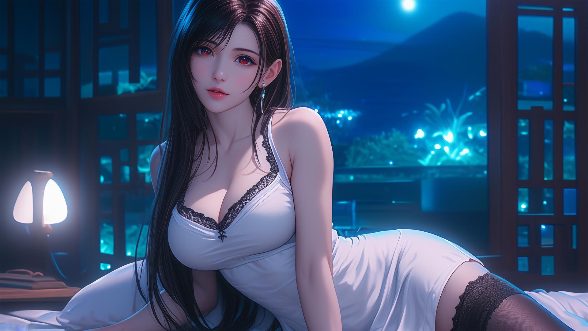 Tifa Lockhart in white pajamas resting in her room under moonlight