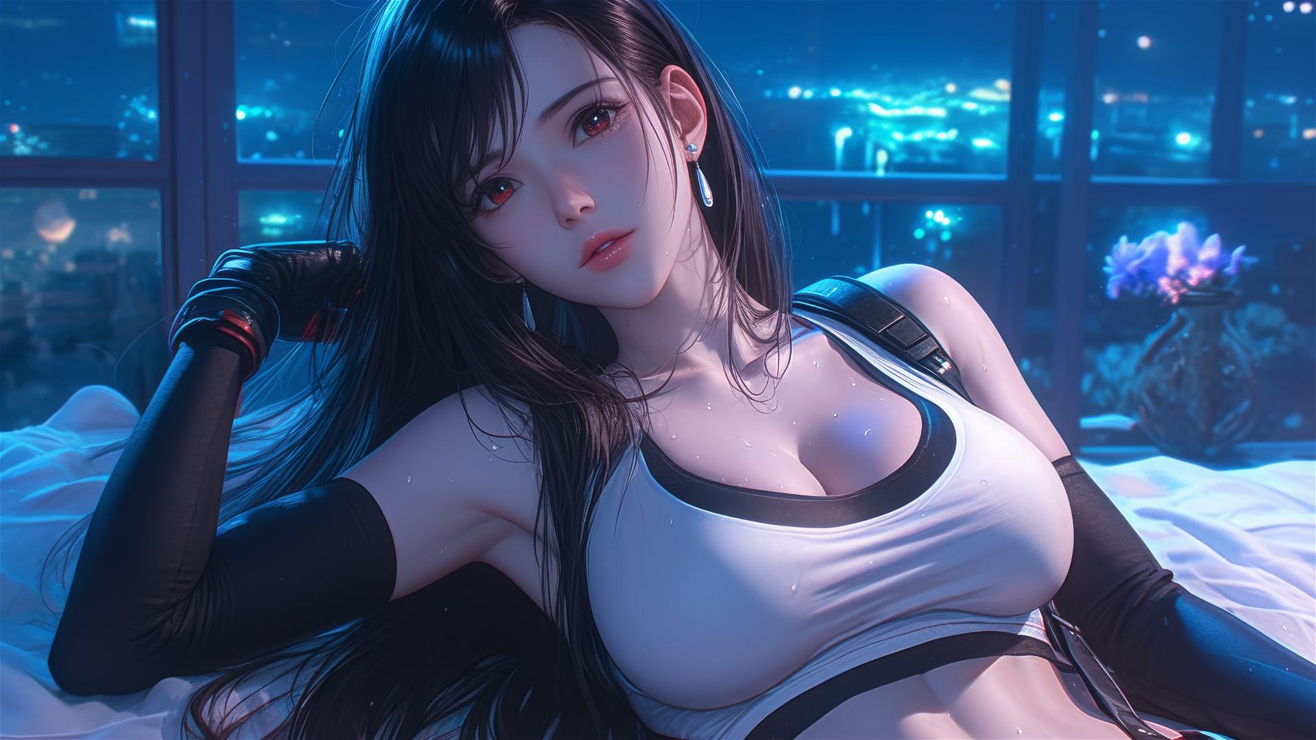 Tifa Lockhart rests in her room under soft moonlight