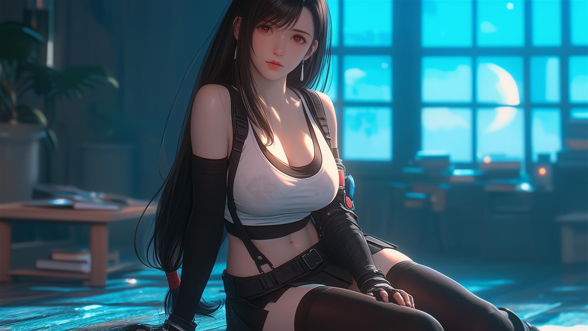 Tifa Lockhart resting in her room under soft moonlight.