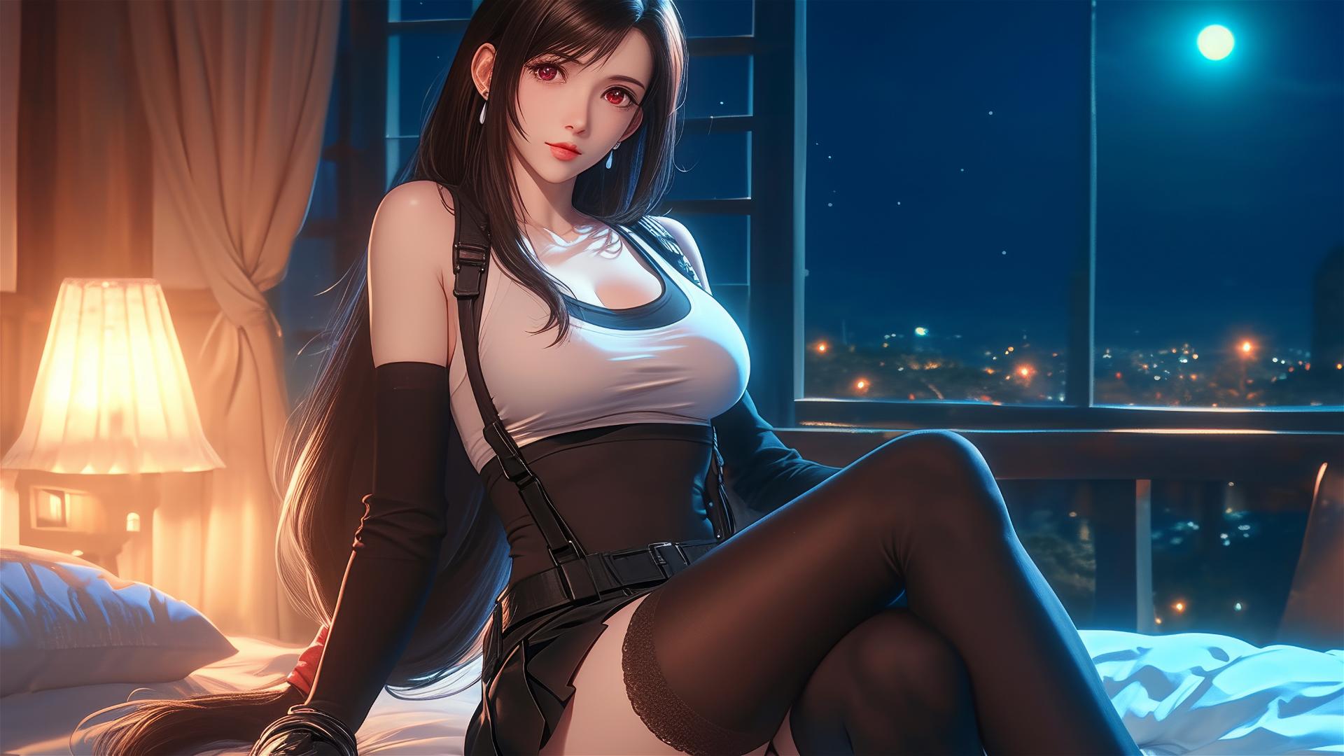 Tifa Lockhart resting in her room with soft moonlight glow.
