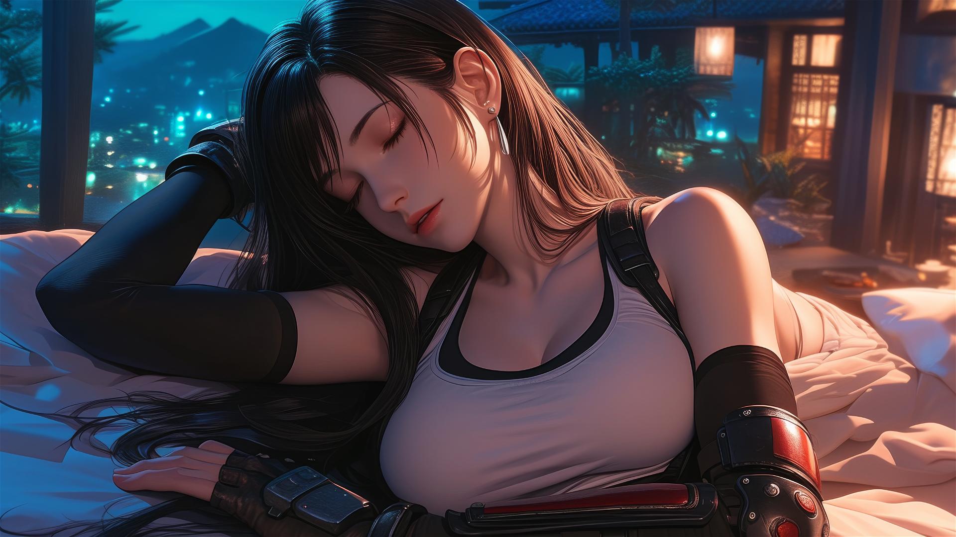 Tifa Lockhart resting in her room under moonlight