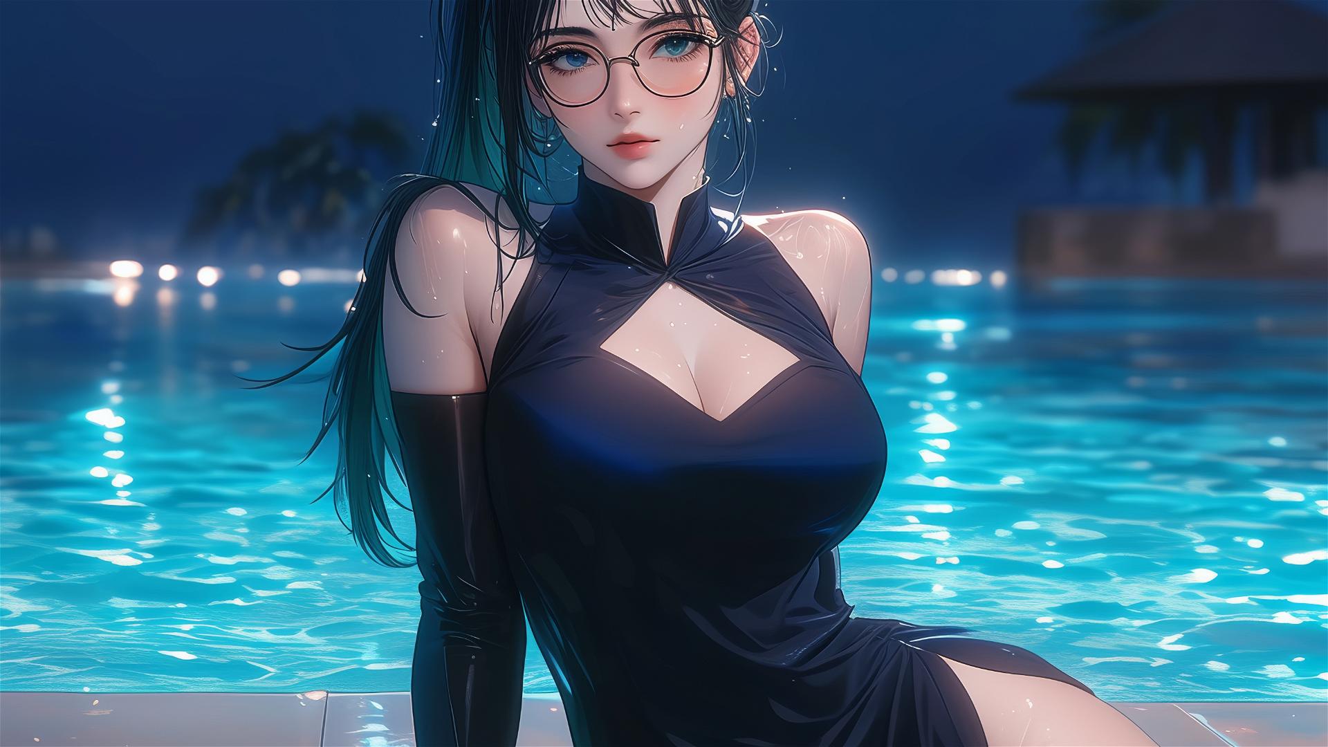 Maki Zenin from Jujutsu Kaisen resting by a moonlit pool on a rainy night.