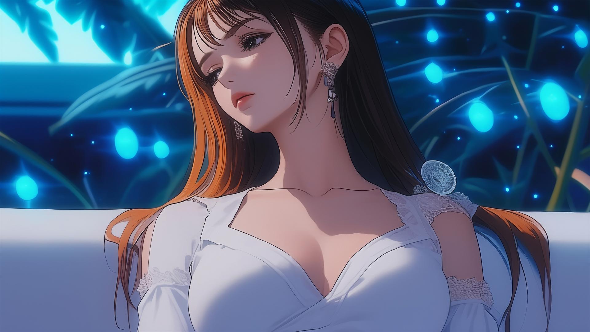 Nami from One Piece resting by the swimming pool, moonlit and rainy night