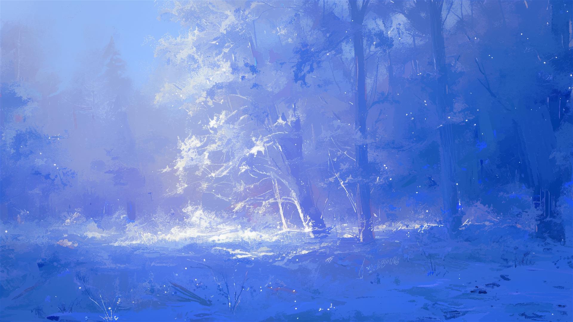 Frost-covered forest clearing under early morning blue light