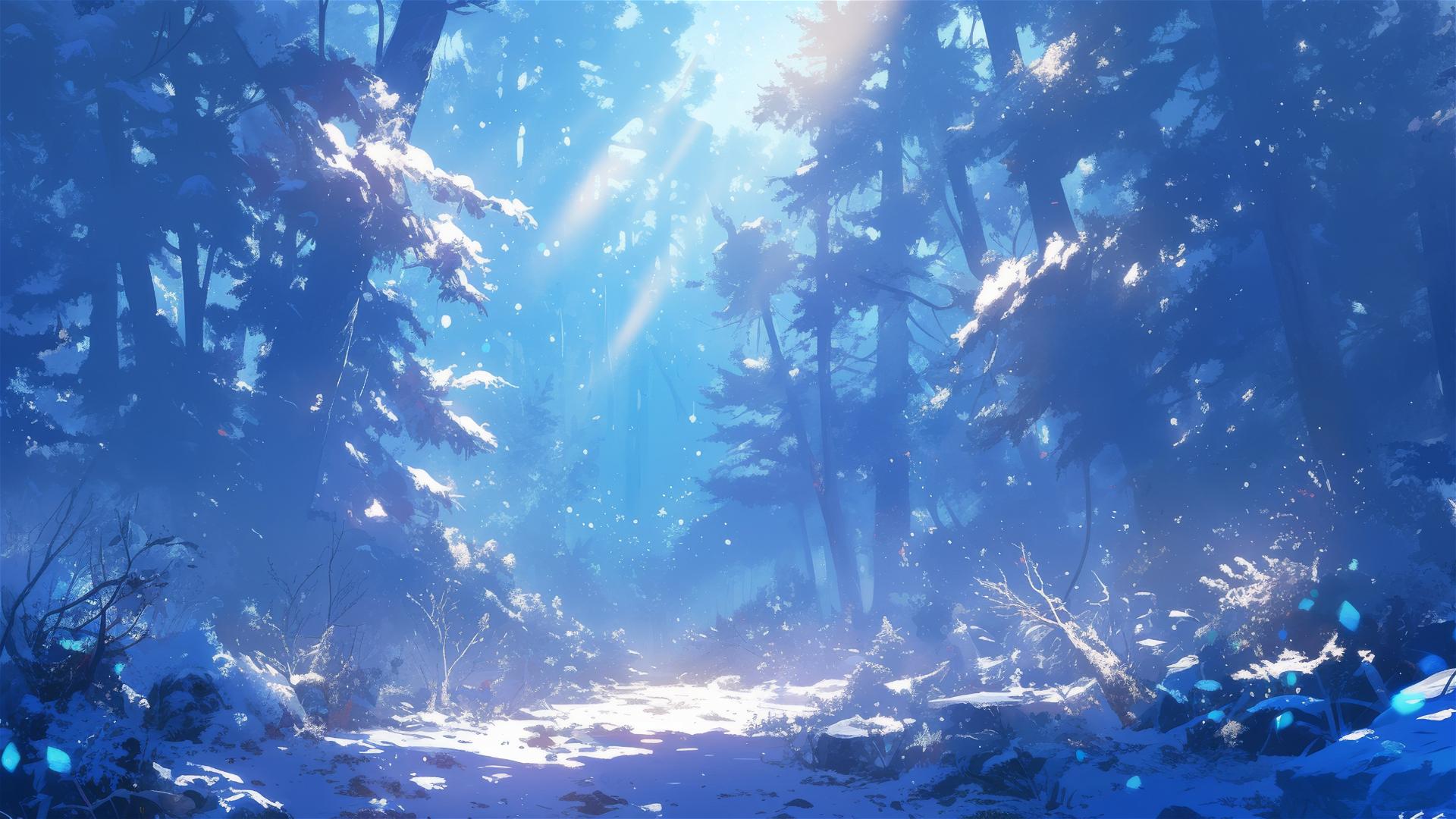 frost-covered forest clearing under early morning blue light