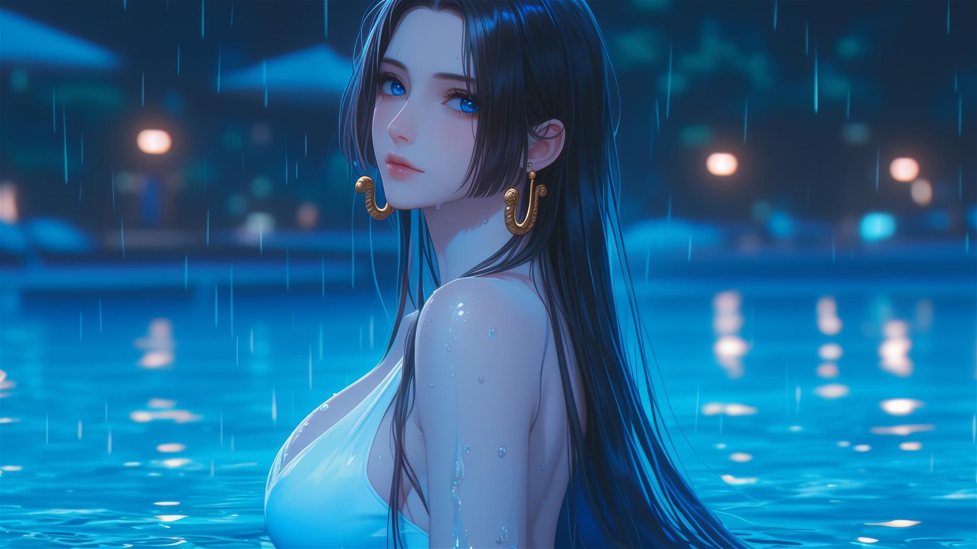 Boa Hancock resting by a rainy pool under moonlight in a white dress