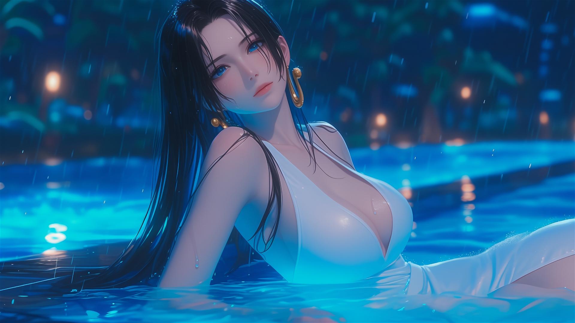 Boa Hancock from One Piece resting by a rainy swimming pool under moonlight