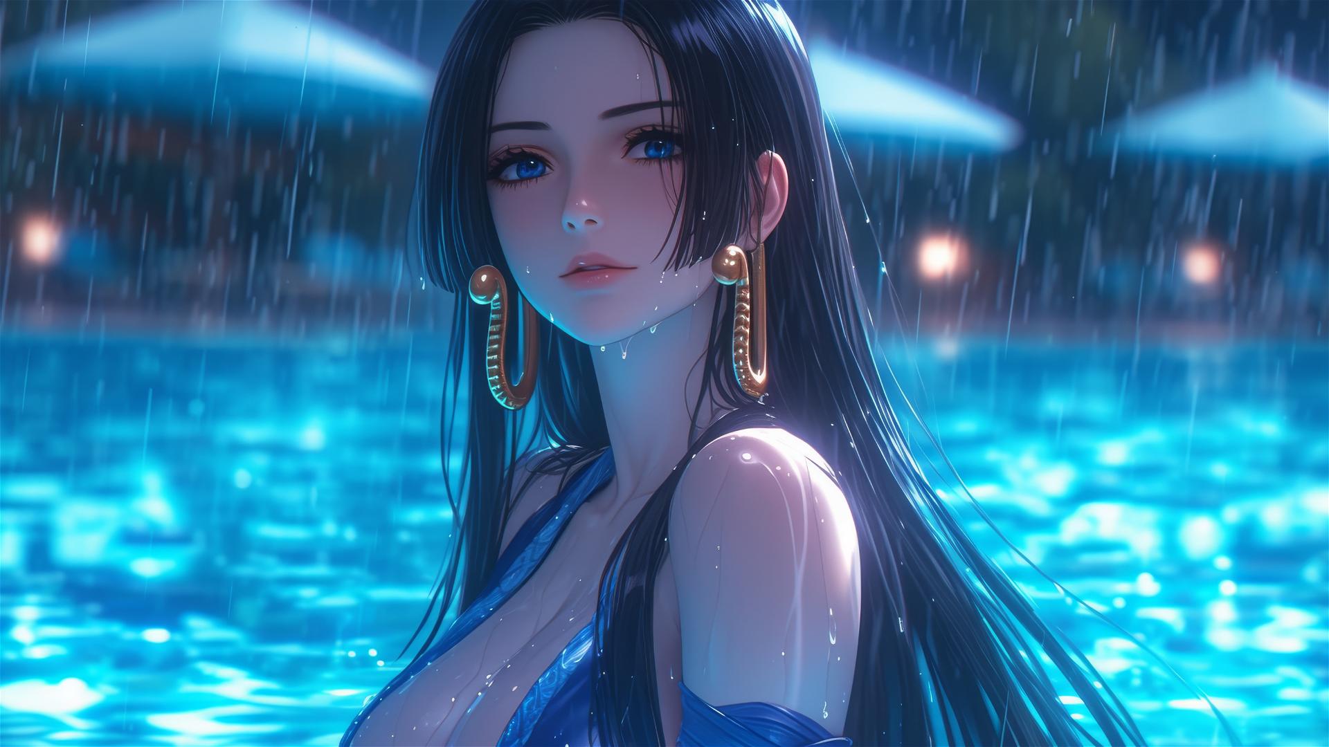 Boa Hancock resting by a rainy swimming pool under moonlight