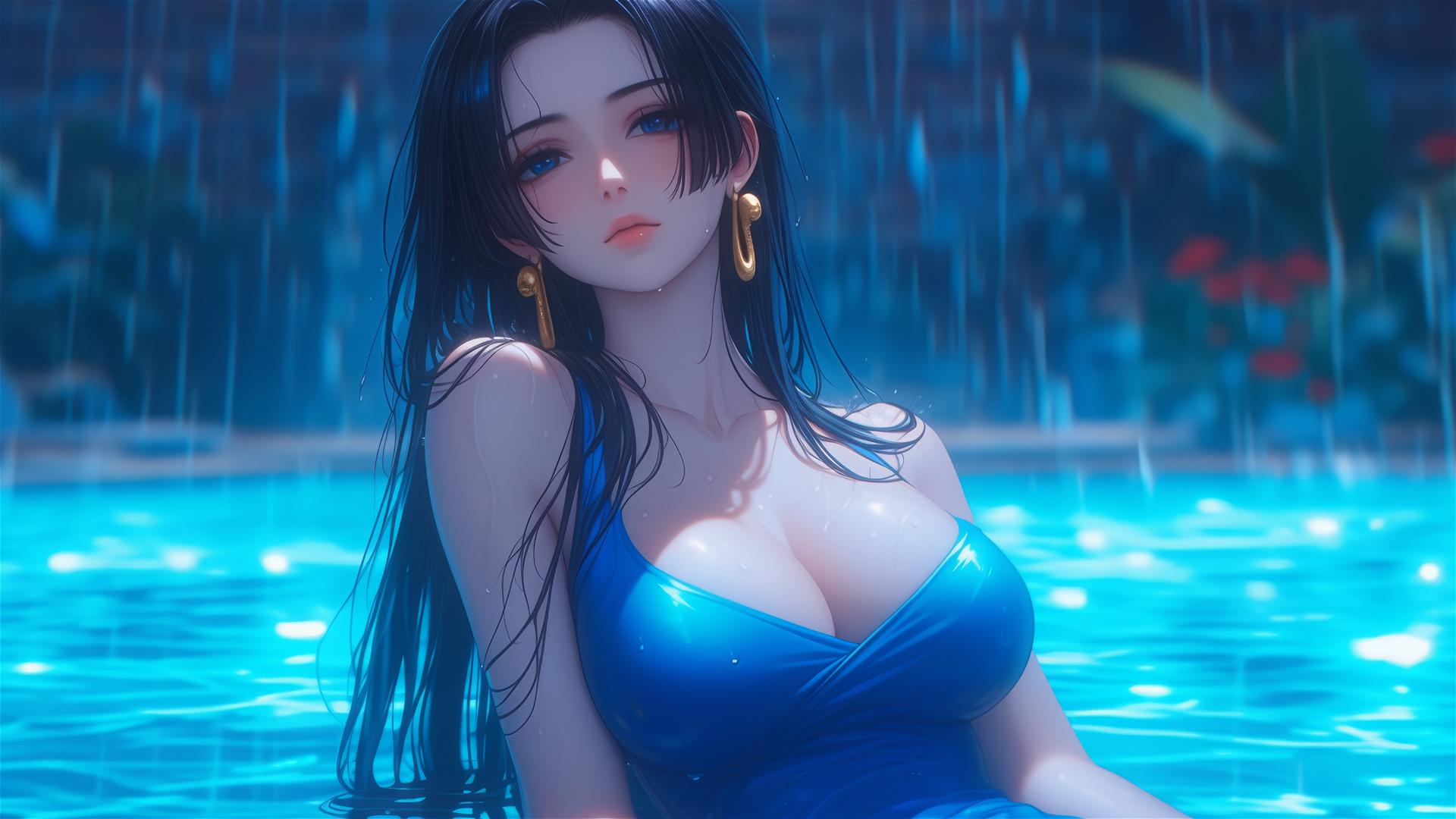 Boa Hancock resting by a rainy swimming pool under moonlight