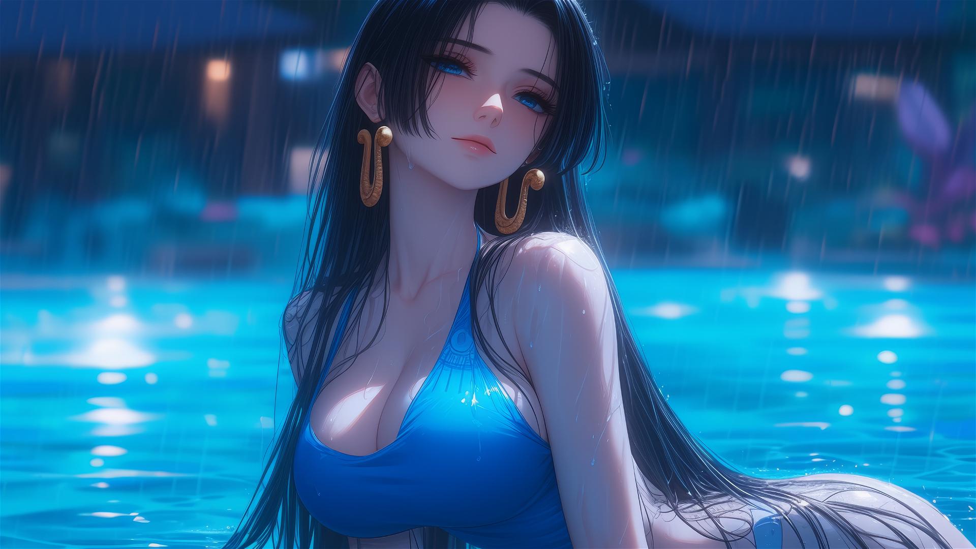 Boa Hancock from One Piece resting by a rainy pool under moonlight