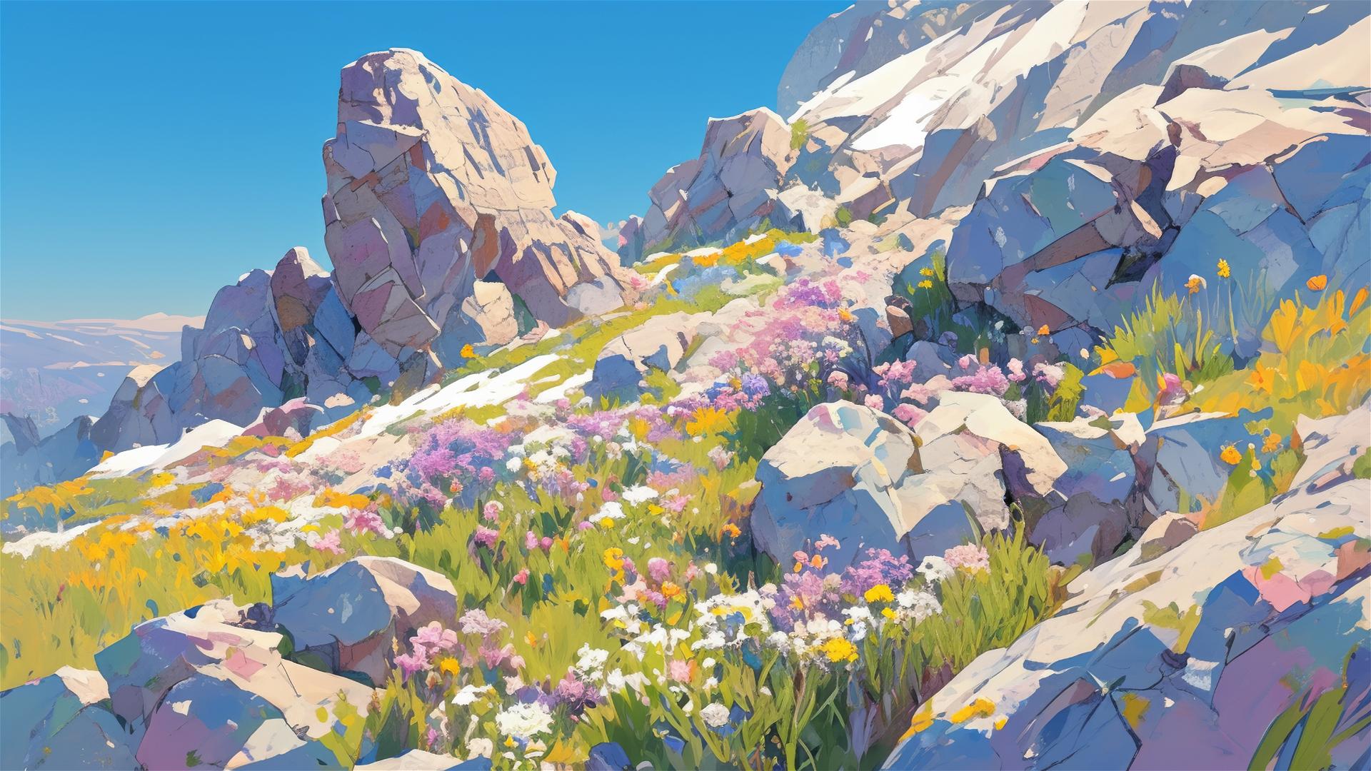 Mountain pass with wildflowers and rugged rocks under clear blue sky