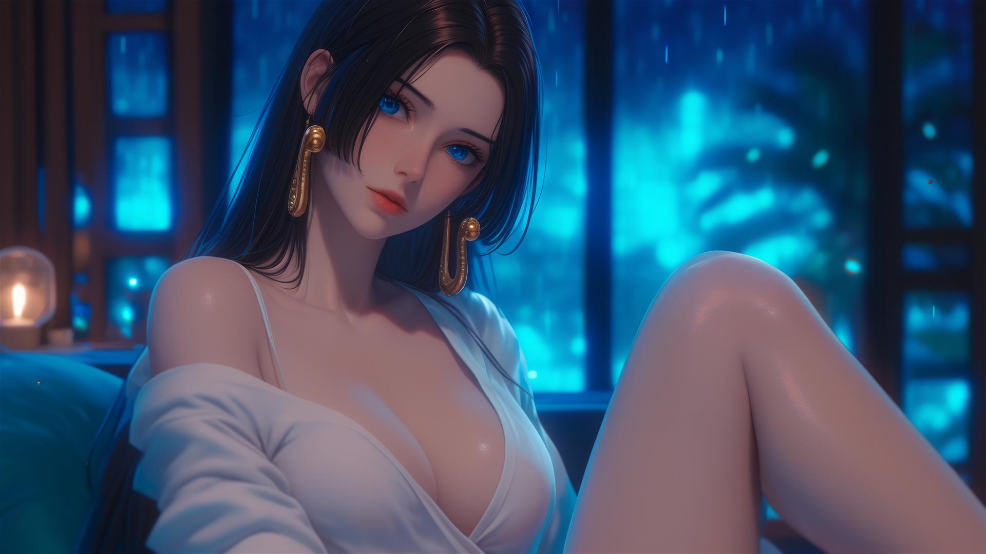 Boa Hancock from One Piece resting in apartment, moonlight glow, short hair