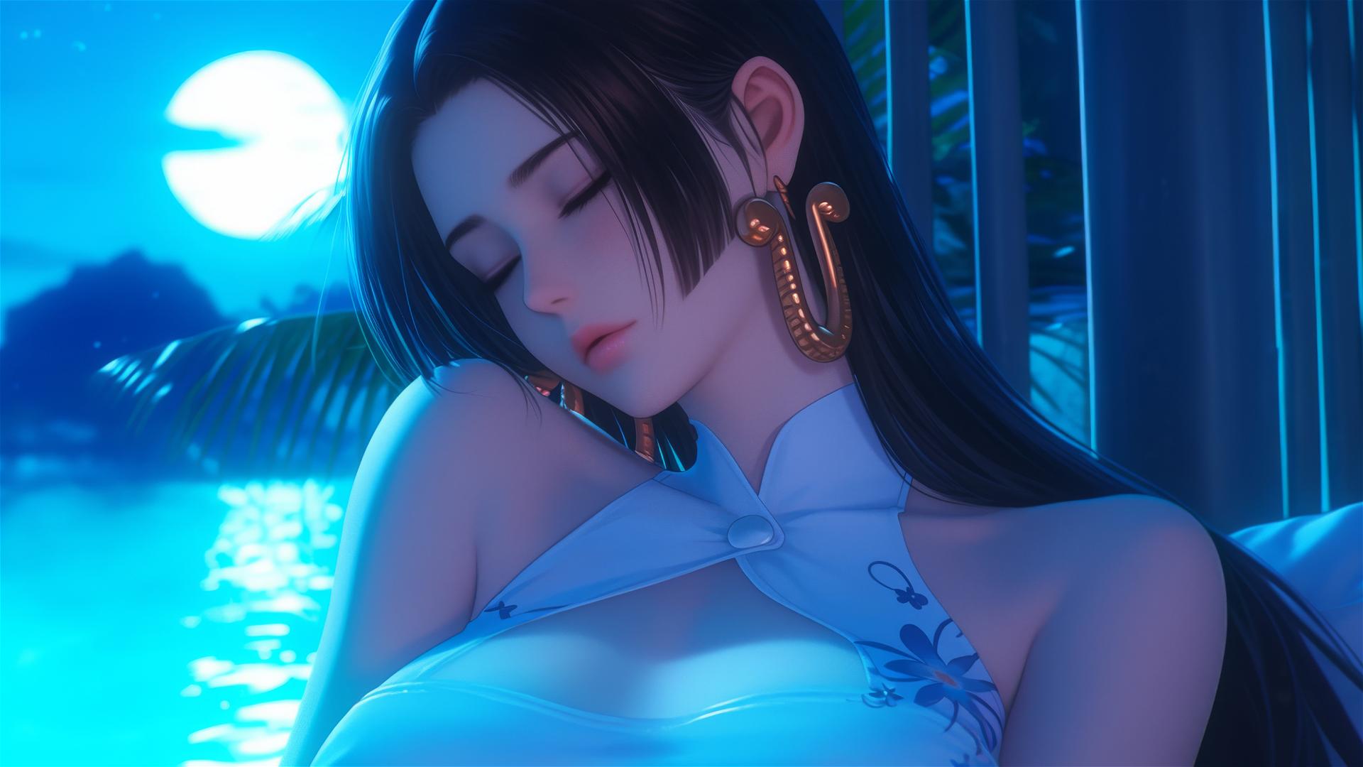 Boa Hancock from One Piece resting in an apartment illuminated by moonlight, with short hair.