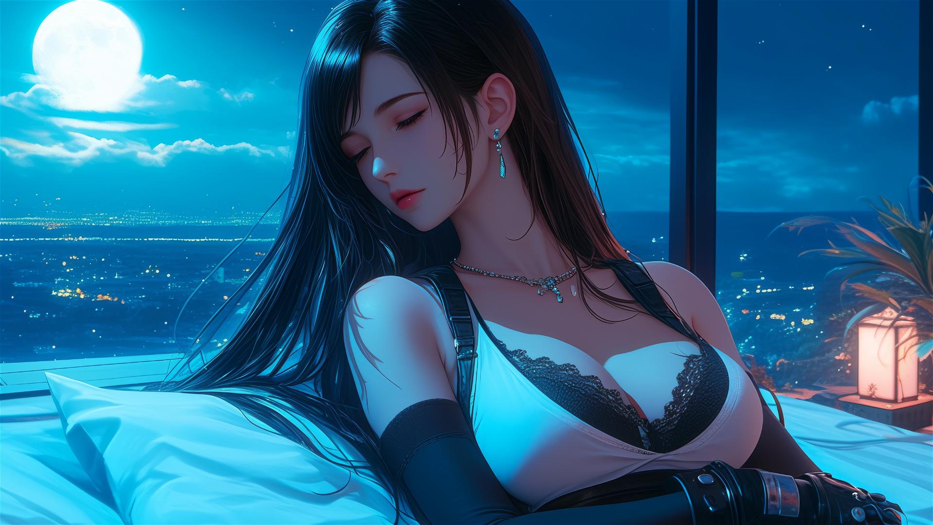 Tifa Lockhart resting in her room with moonlight glow