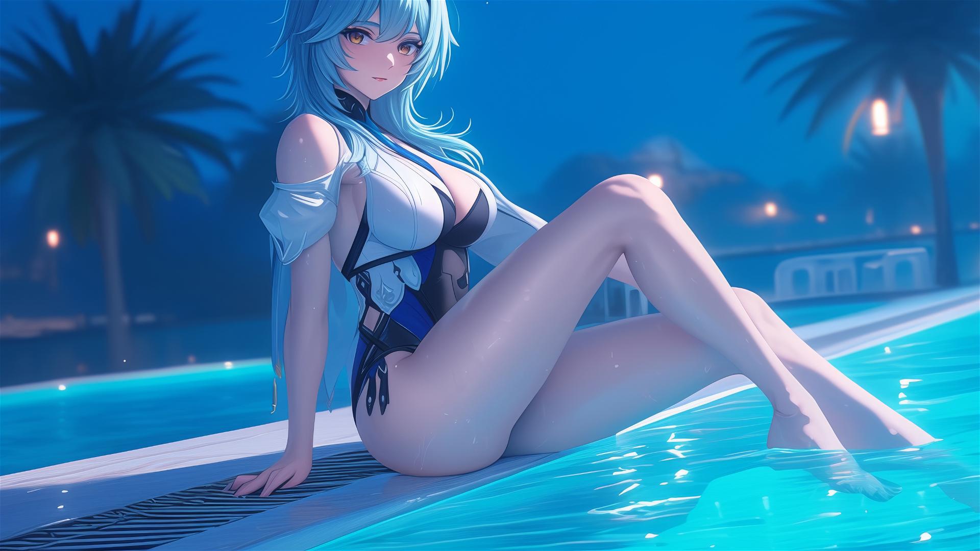 Eula Lawrence from Genshin Impact relaxing by a swimming pool under moonlight