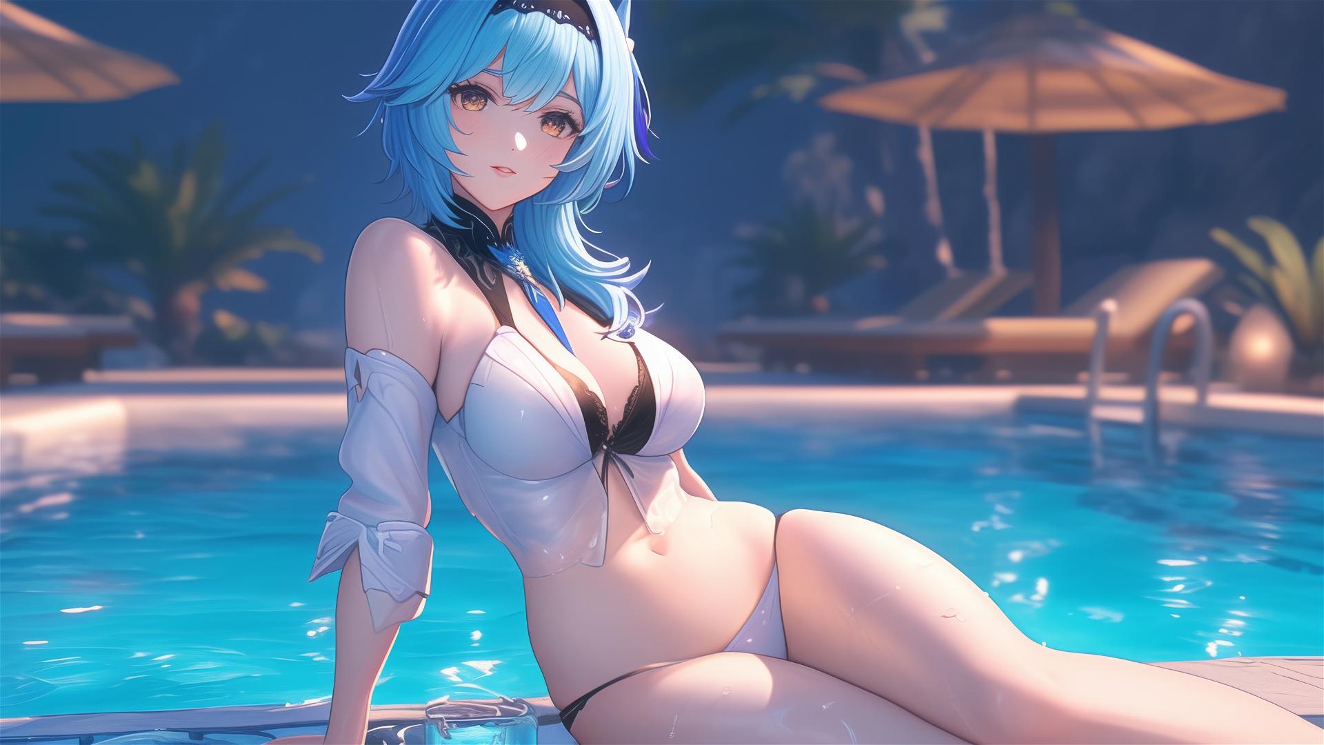 Eula Lawrence from Genshin Impact resting by a moonlit swimming pool
