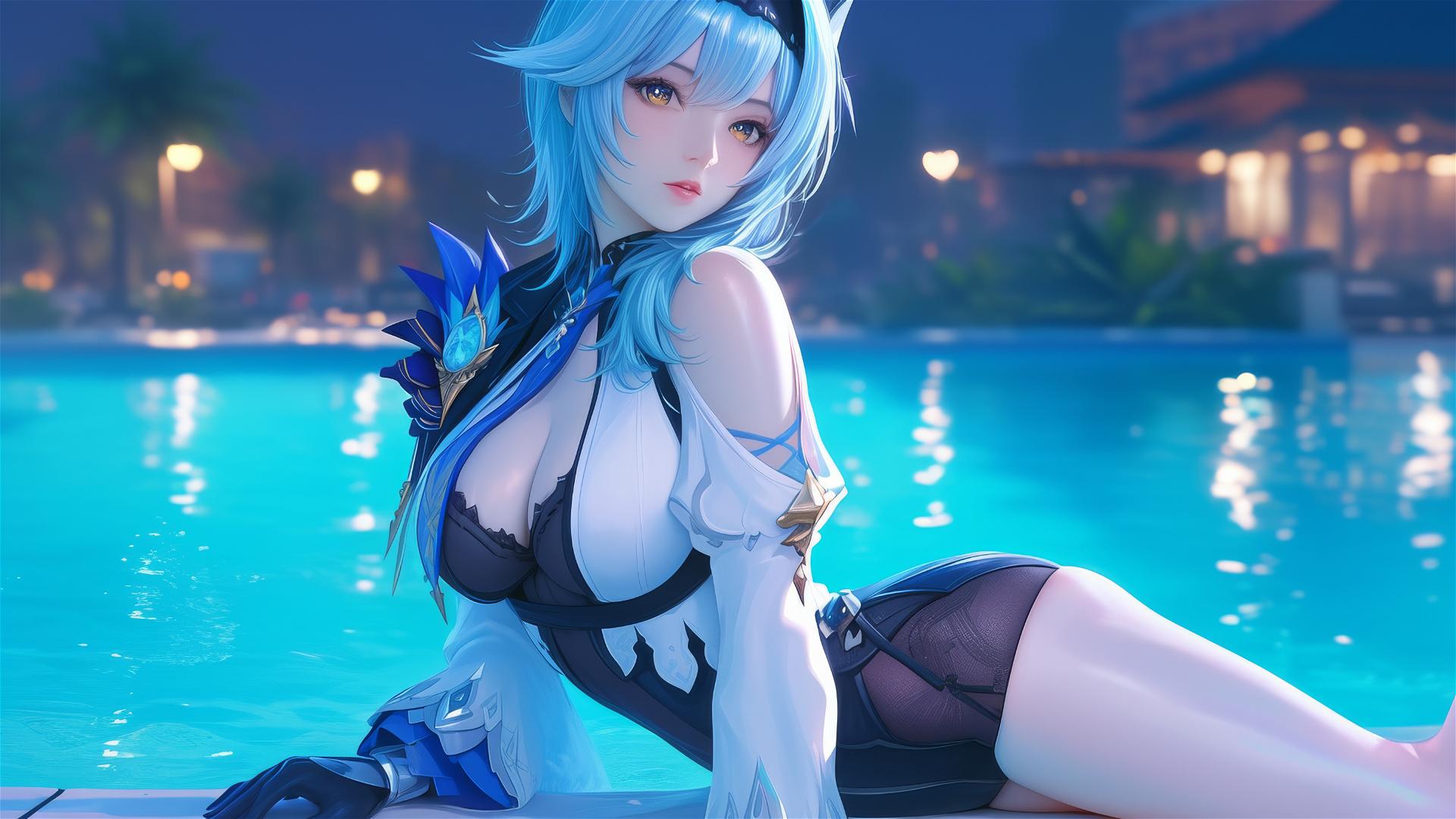 Eula Lawrence from Genshin Impact resting by the pool under moonlight