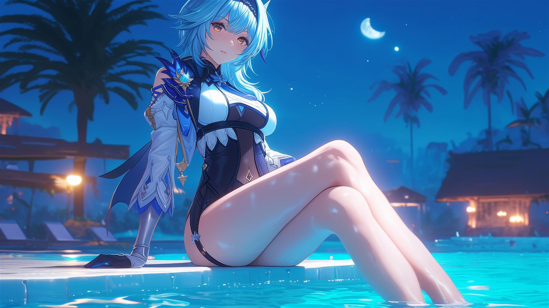 Eula Lawrence from Genshin Impact resting by the pool under moonlight