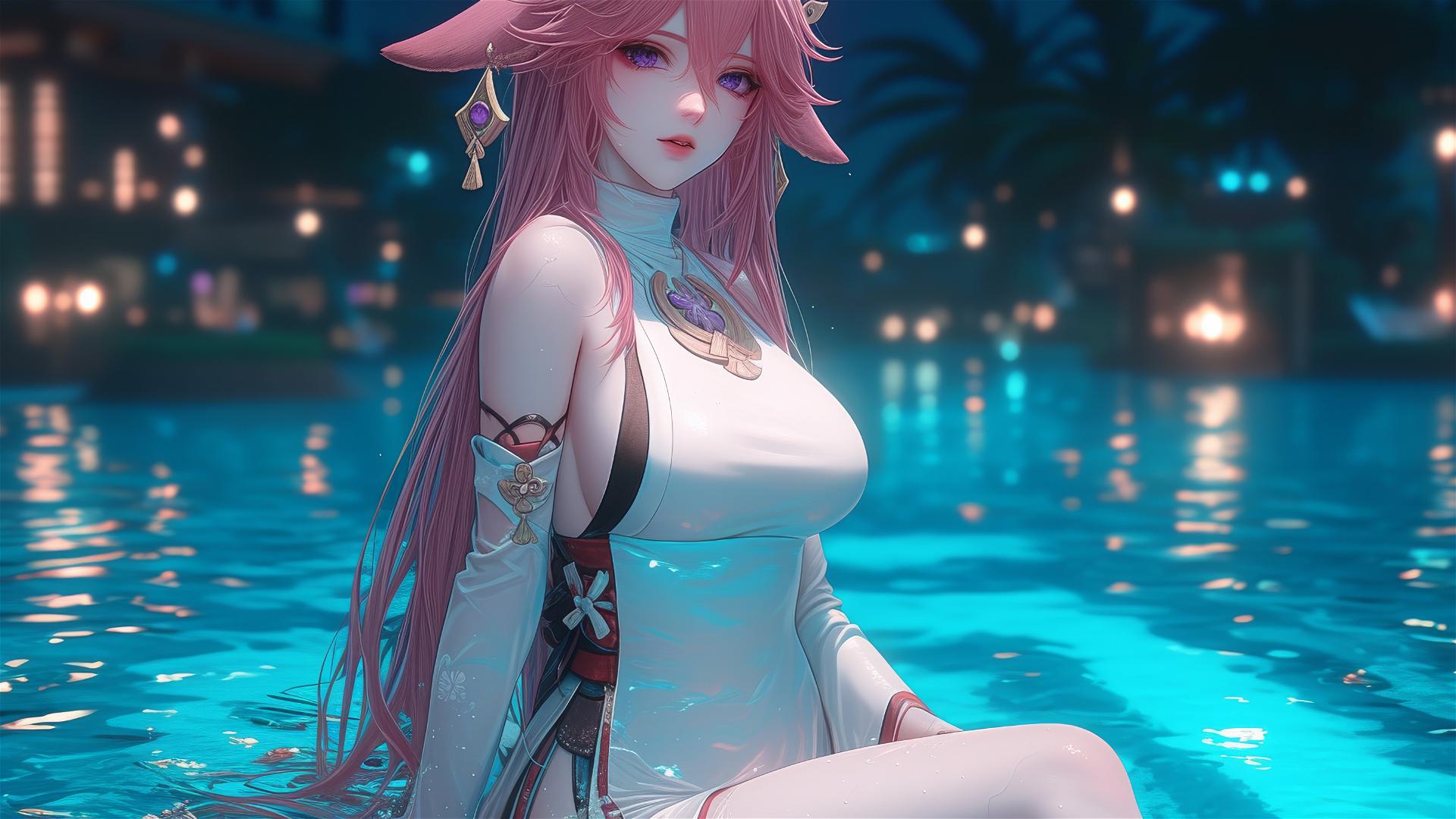 Yae Miko from Genshin Impact resting by the pool under moonlight