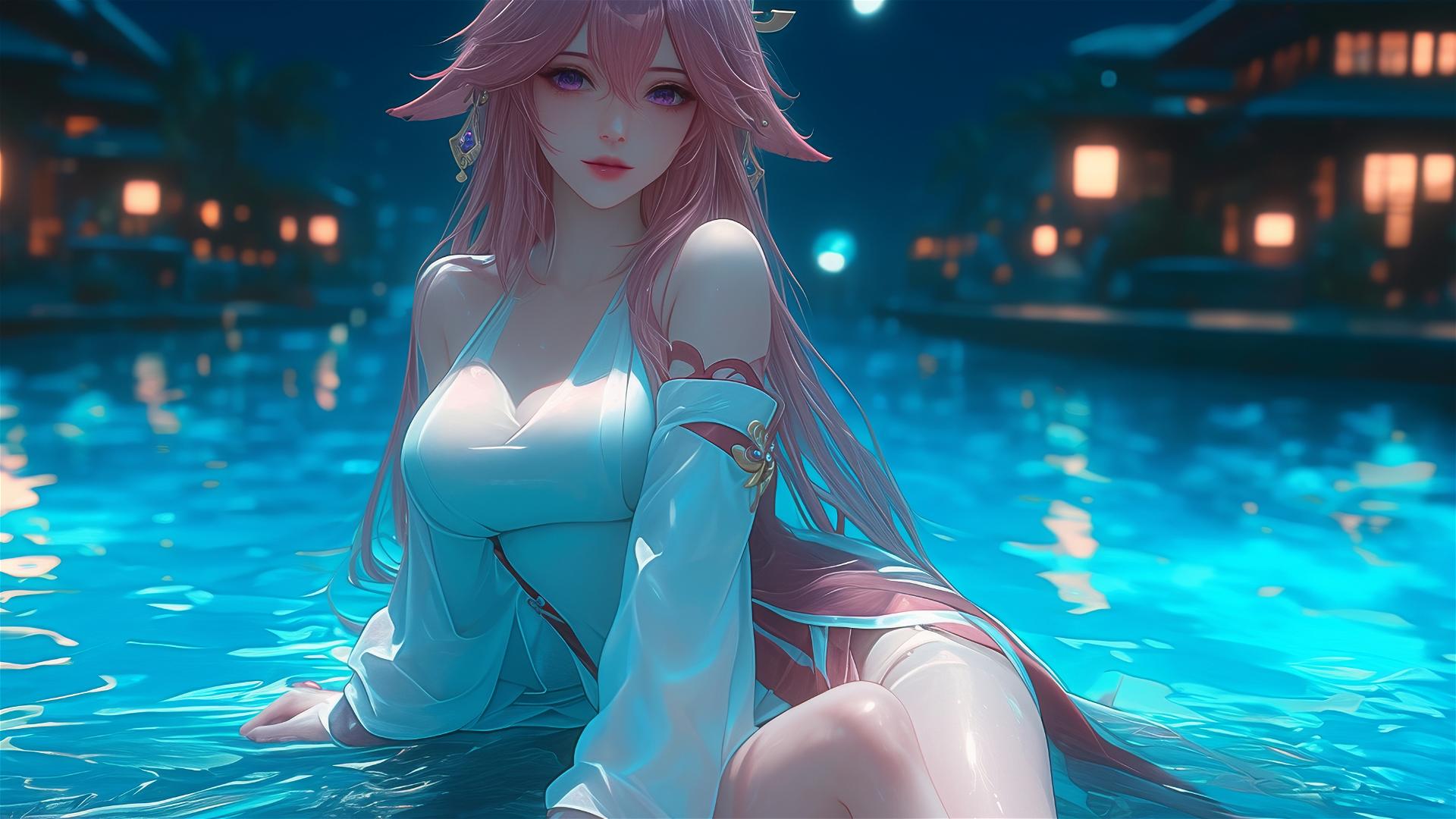 Yae Miko from Genshin Impact resting by a swimming pool under moonlight